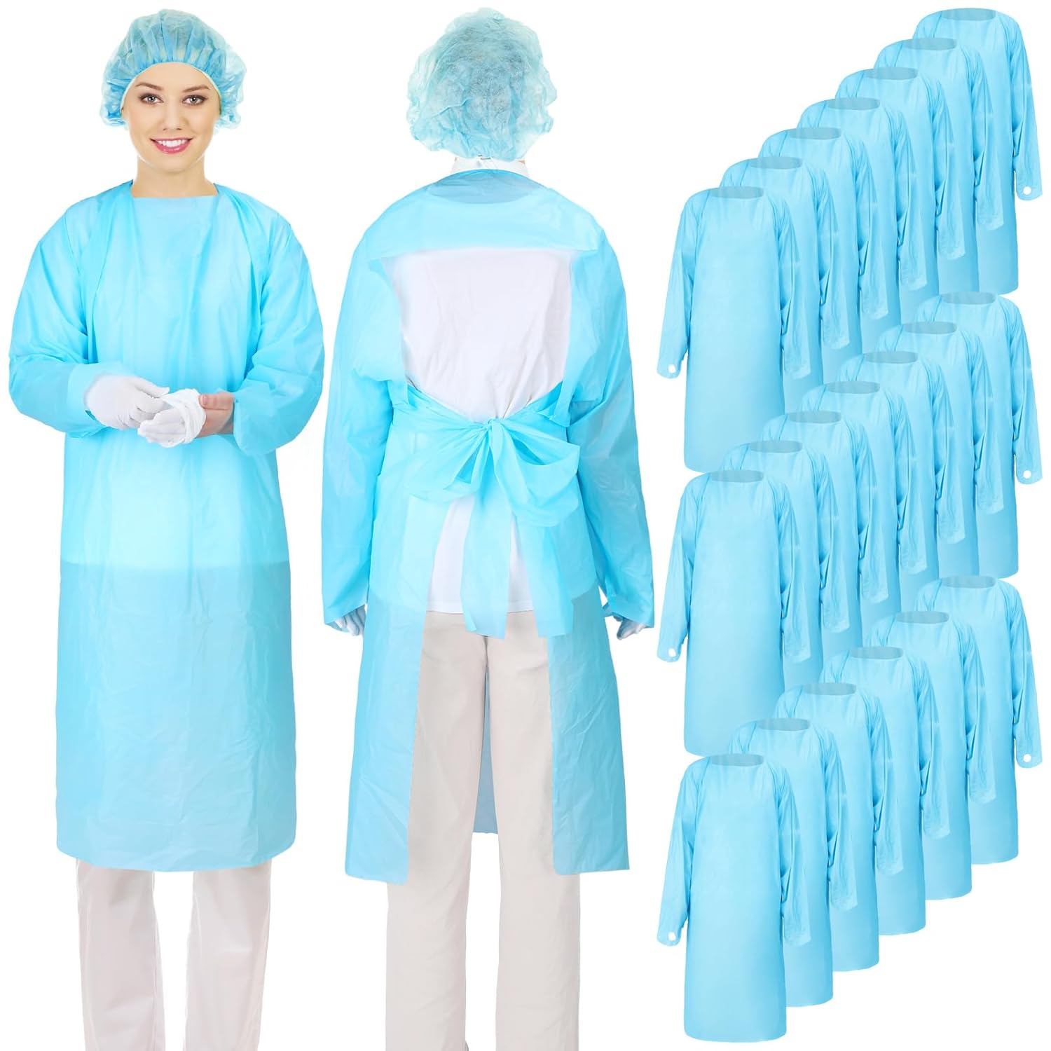 TrelaCo 20 Pack Disposable Isolation Gowns PPE Gowns Set with Sleeves Thumb Loops Waist Ties 46 Inch Large Waterproof CPE Odorless Disposable Gown for Home Isolation, Lab, Dental, Beauty (Blue)