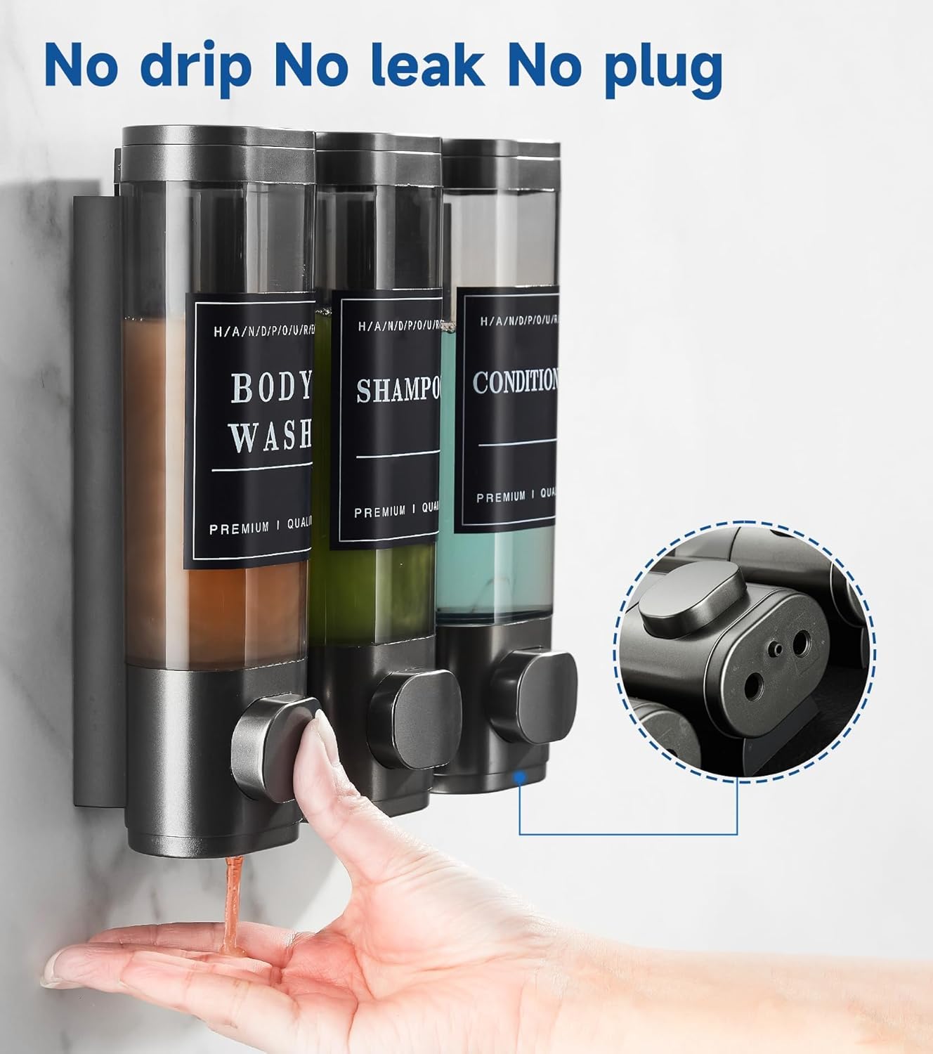 Shower Soap Dispenser Wall Mounted No Drill Shampoo Dispenser for Shower Wall Shampoo and Conditioner Dispenser Bathroom Hotel 3 * 300ml Gungray with Labels - Image 3