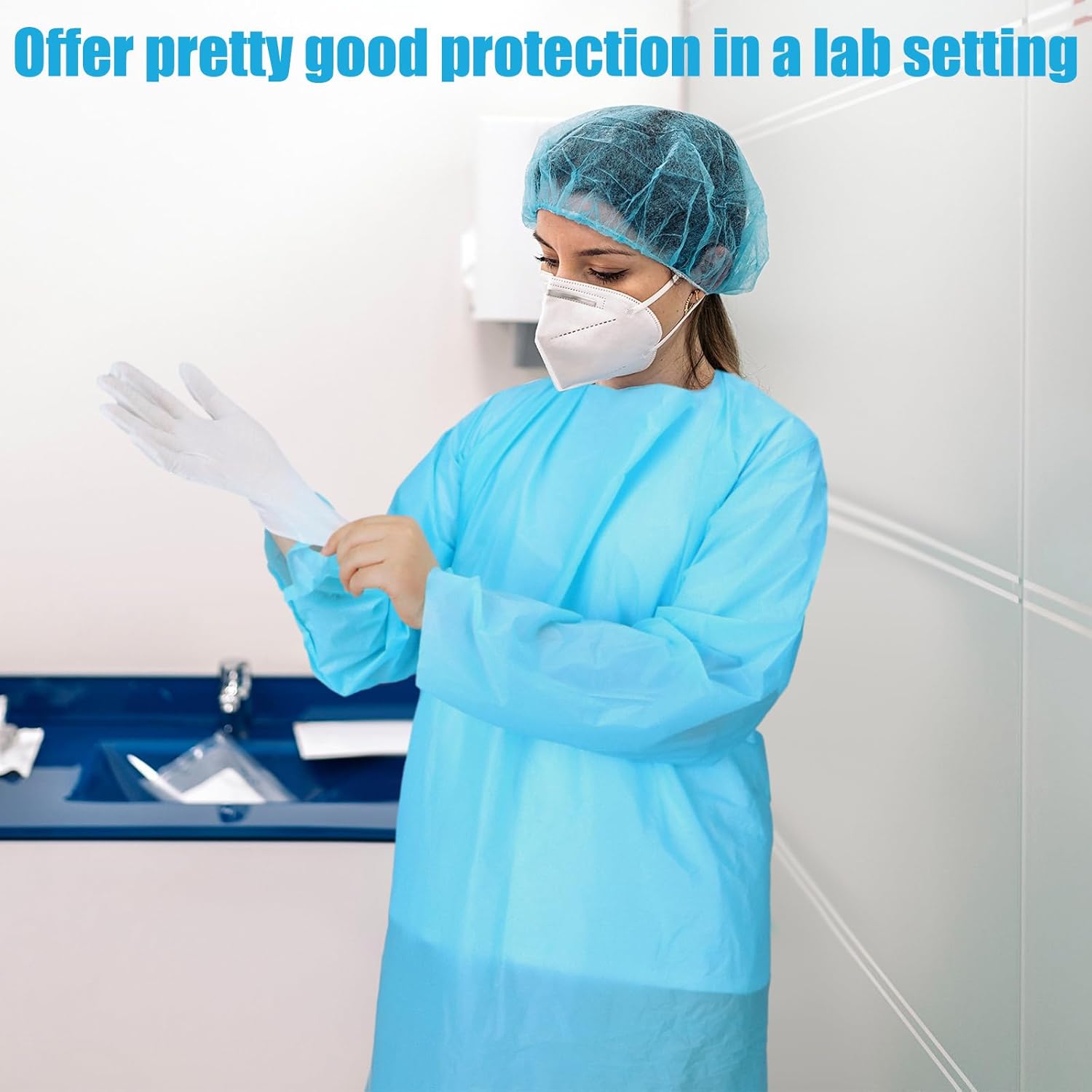 TrelaCo 20 Pack Disposable Isolation Gowns PPE Gowns Set with Sleeves Thumb Loops Waist Ties 46 Inch Large Waterproof CPE Odorless Disposable Gown for Home Isolation, Lab, Dental, Beauty (Blue) - Image 4