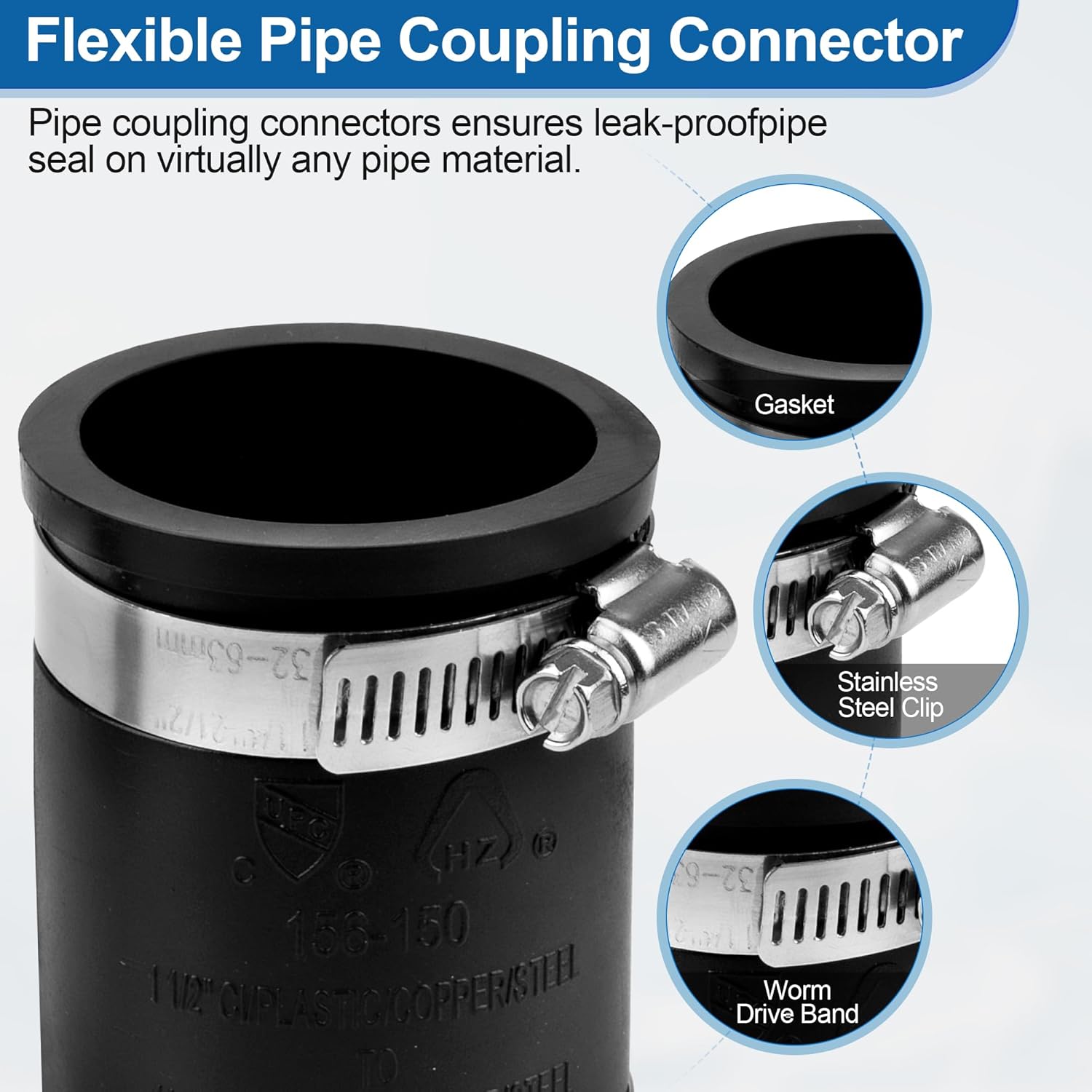 Flexible PVC Pipe Coupling Connector Replacement, for 1-1/2" Nominal Pipes, 1.9" ID Flexible PVC Condensate Pipe Coupling with Stainless Steel Hose Clamps, Schedule 40 Pipes Connector - Image 5