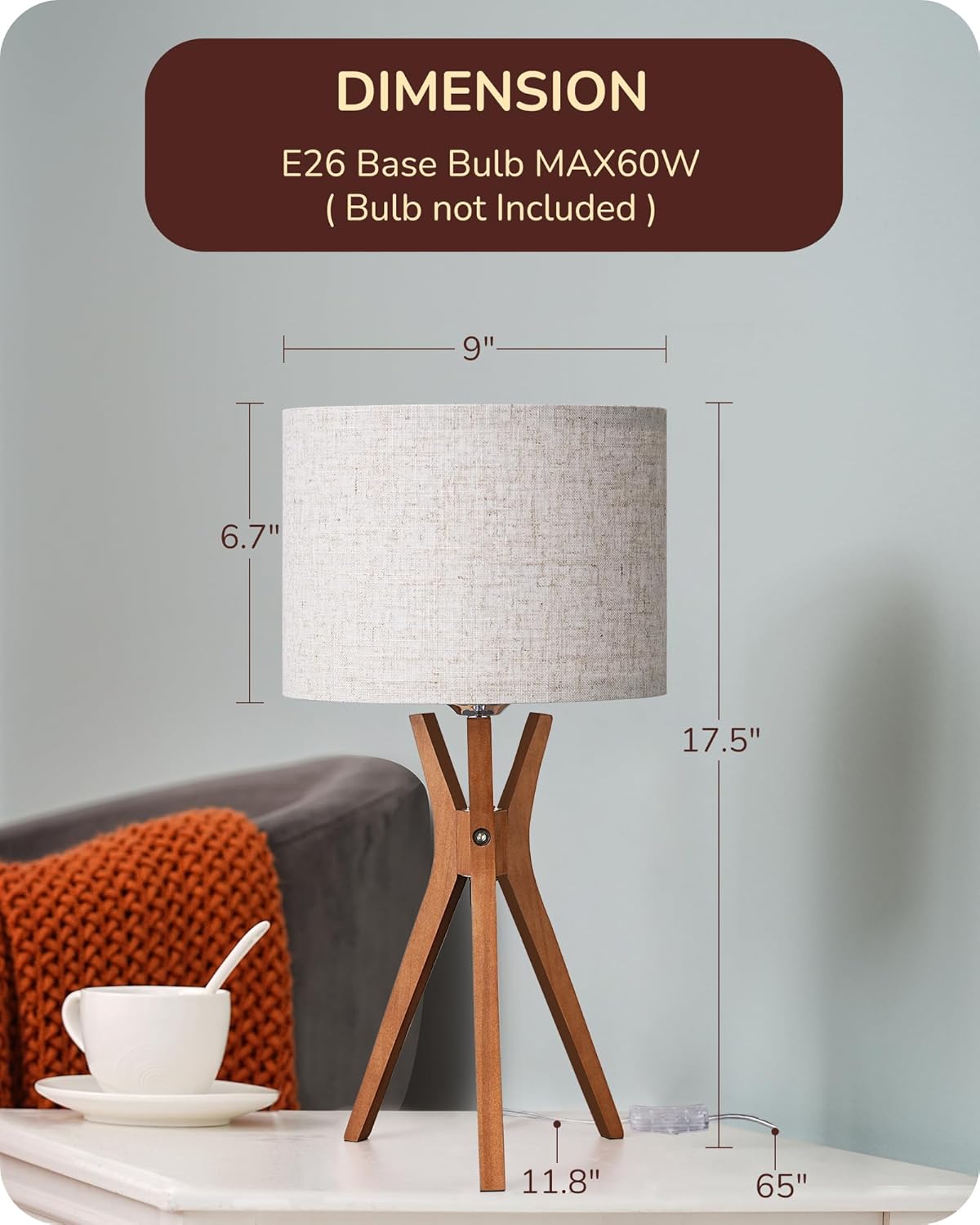 EDISHINE Mid Century Table Lamp, 17.5" Tripod Bedside Lamp with Deep Wood Color Light Base & Beige Linen Lampshade, Nightstand Lamp for Bedroom, Living Room, Reading Room, E26 Base - Image 7