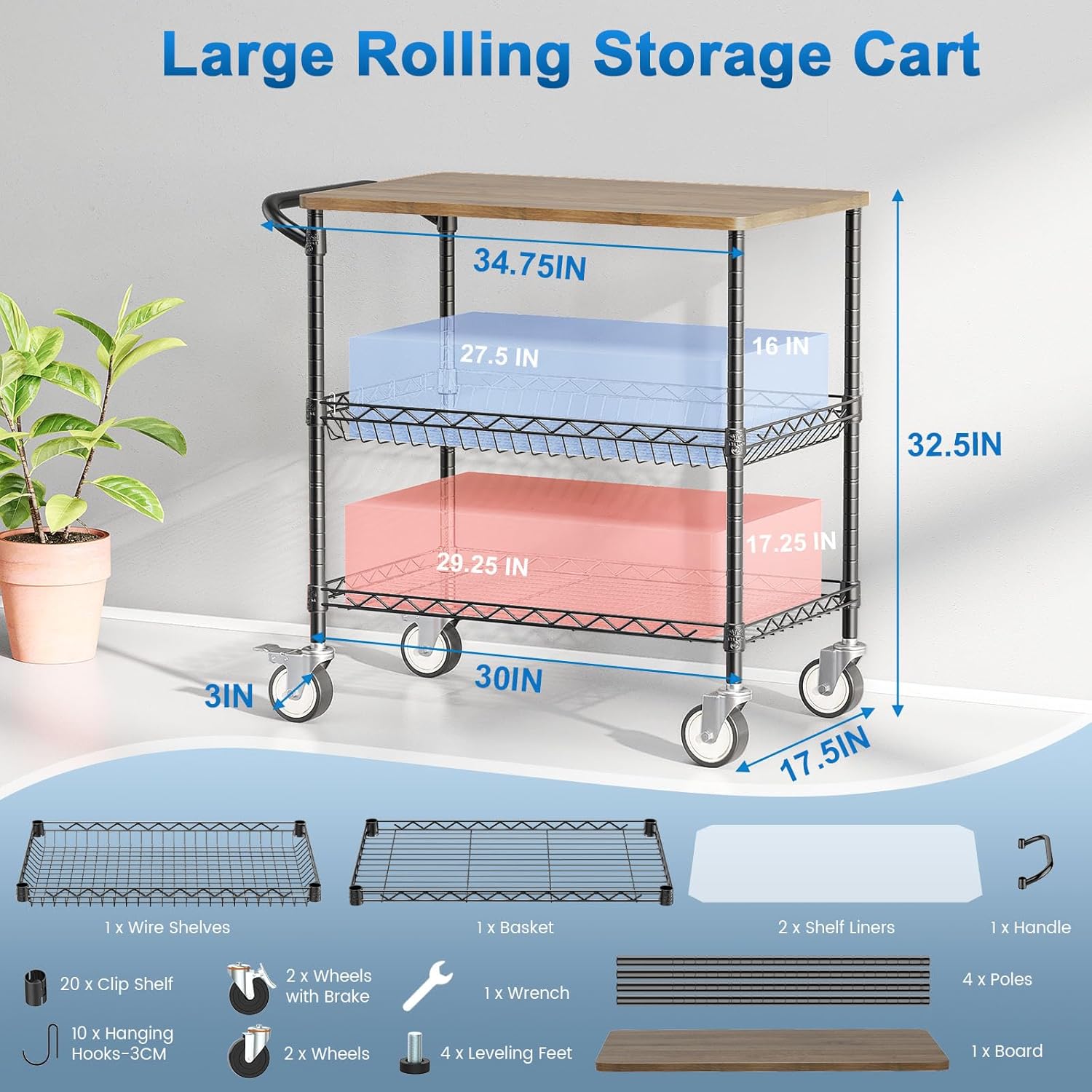 Leteuke Rolling Kitchen Carts with Wheels, 34" L x 17.5" W, 3-Tier Heavy Duty Utility Cart with Wood Tabletop, NSF Commercial Metal Serving Cart with Handle and Shelf Liner for Kitchen, Black - Image 3