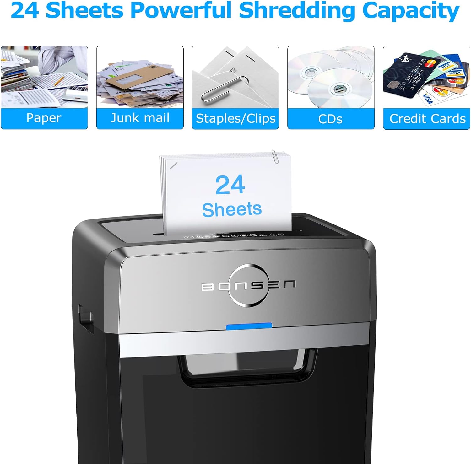 BONSEN Heavy Duty Paper Shredder, 24-Sheet Cross-Cut Shredder, 40-Min Continuous Running Time, Commercial Grade Shredder for Office, 9-Gallon Big Basket, 55dB Super Quiet, P-4 High Security (S3105) - Image 2