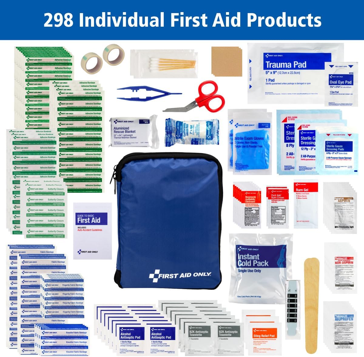 First Aid Only 298 Piece All-Purpose Emergency First Aid Kit for Home, Office, Car, Apartment, Dorm, and Camping, Travel-Friendly Compact Pouch Fits in Backpacks, Suitcases, Cabinets, and Drawers - Image 4