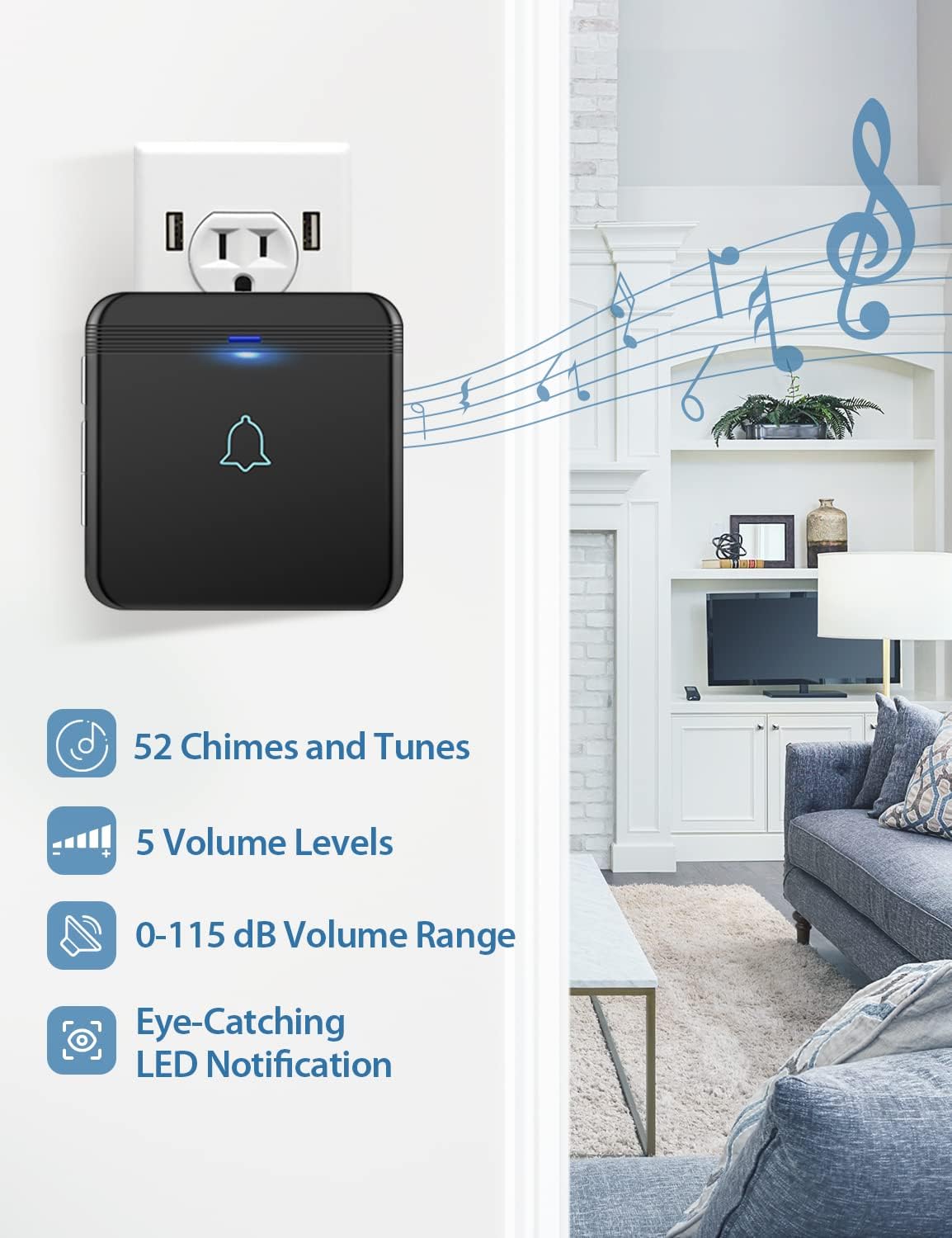 AVANTEK Wireless Doorbell, D-3B Waterproof Door Chime Kit Operating at over 1300 Feet with 2 Plug-In Receivers, 52 Melodies, CD Quality Sound and LED Flash - Image 2