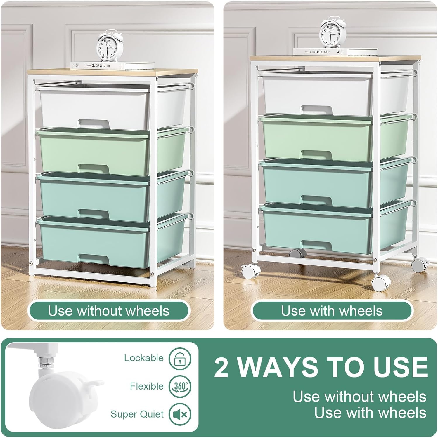 Utility Cart with 4 Drawers,Rolling Storage Cart with Drawers,Storage Rolling Drawer Cart with Wooden Tabletop for Bedroom,Kid's Room,Dorm,Classroom,Office,Green - Image 6