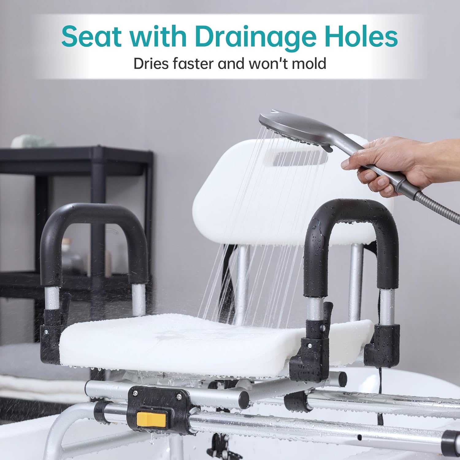 ELENKER Sliding Shower Chair with Backrest, Transfer Bench for Bathtub and Shower, with Pivoting Arms, Seat Belt, Drainage Holes, for The Elderly, Sick and Handicap, Tubs - Image 4