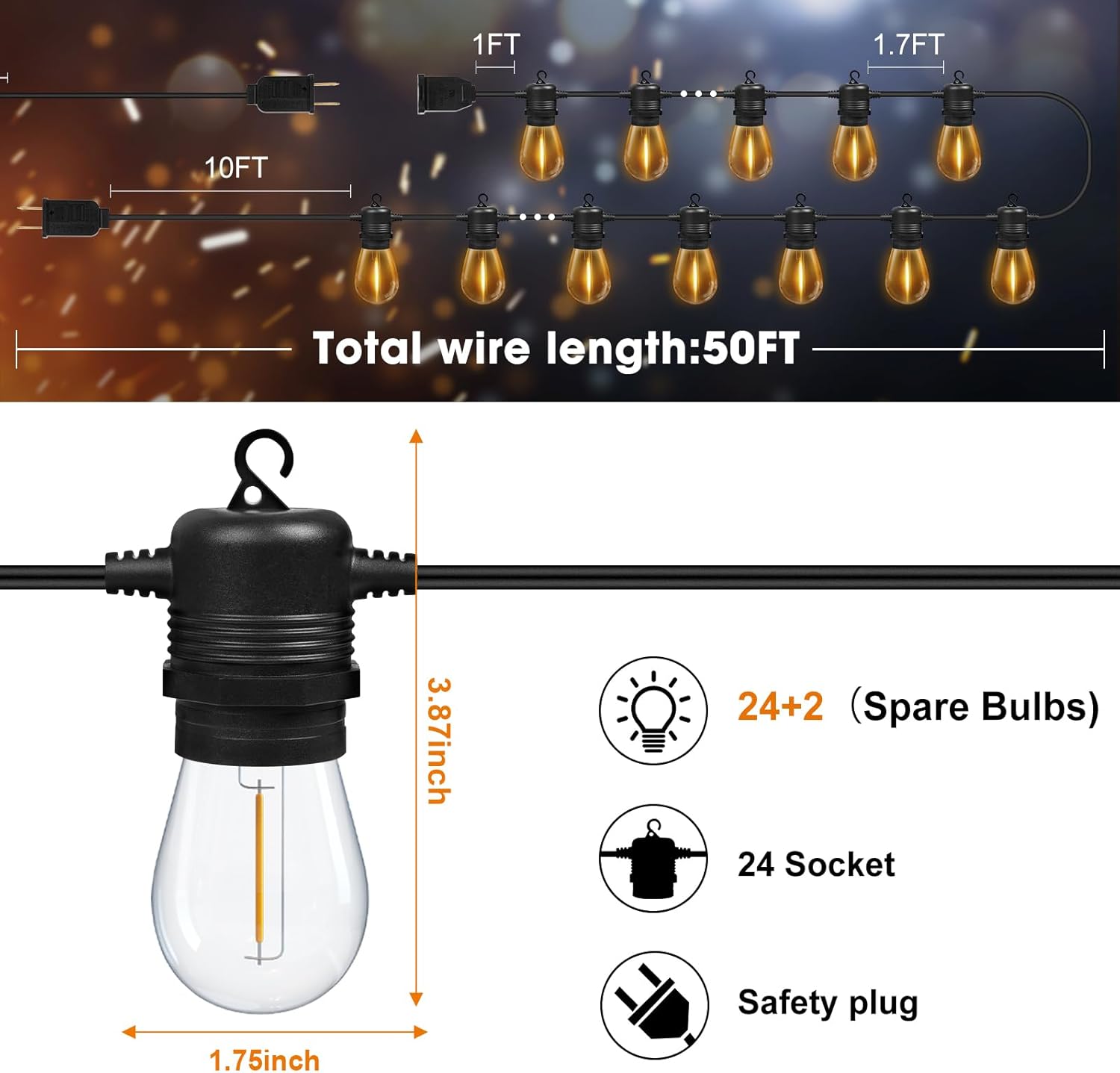 50FT LED Outdoor String Lights with 26 Shatterproof S14 Edison Bulbs (2 Spare), Dimmable Hanging Outdoor Lights for Backyard, Porch, 2700K Warm White - Image 6