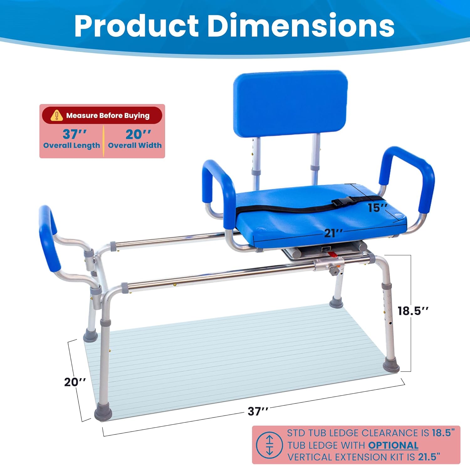 Carousel Sliding Shower Chair Tub Transfer Bench with Swivel Seat, Bariatric, Premium Padded with Pivoting Arms, High Capacity, Heavy Duty for Tubs, Inside Shower, for Handicap & Seniors, Blue - Image 2