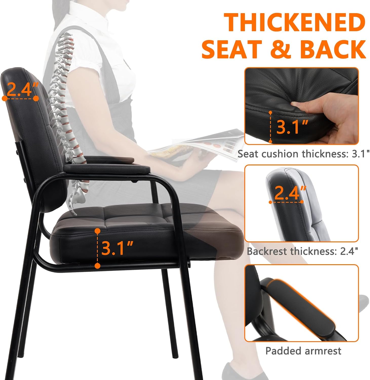 CLATINA Big & Tall 500 lbs Waiting Room Guest Chair, Leather Office Reception Chair No Wheels with Padded Arms for Elderly Home Desk Conference Room Lobby Side Salon Clinic, Black(4 Pack) - Image 6