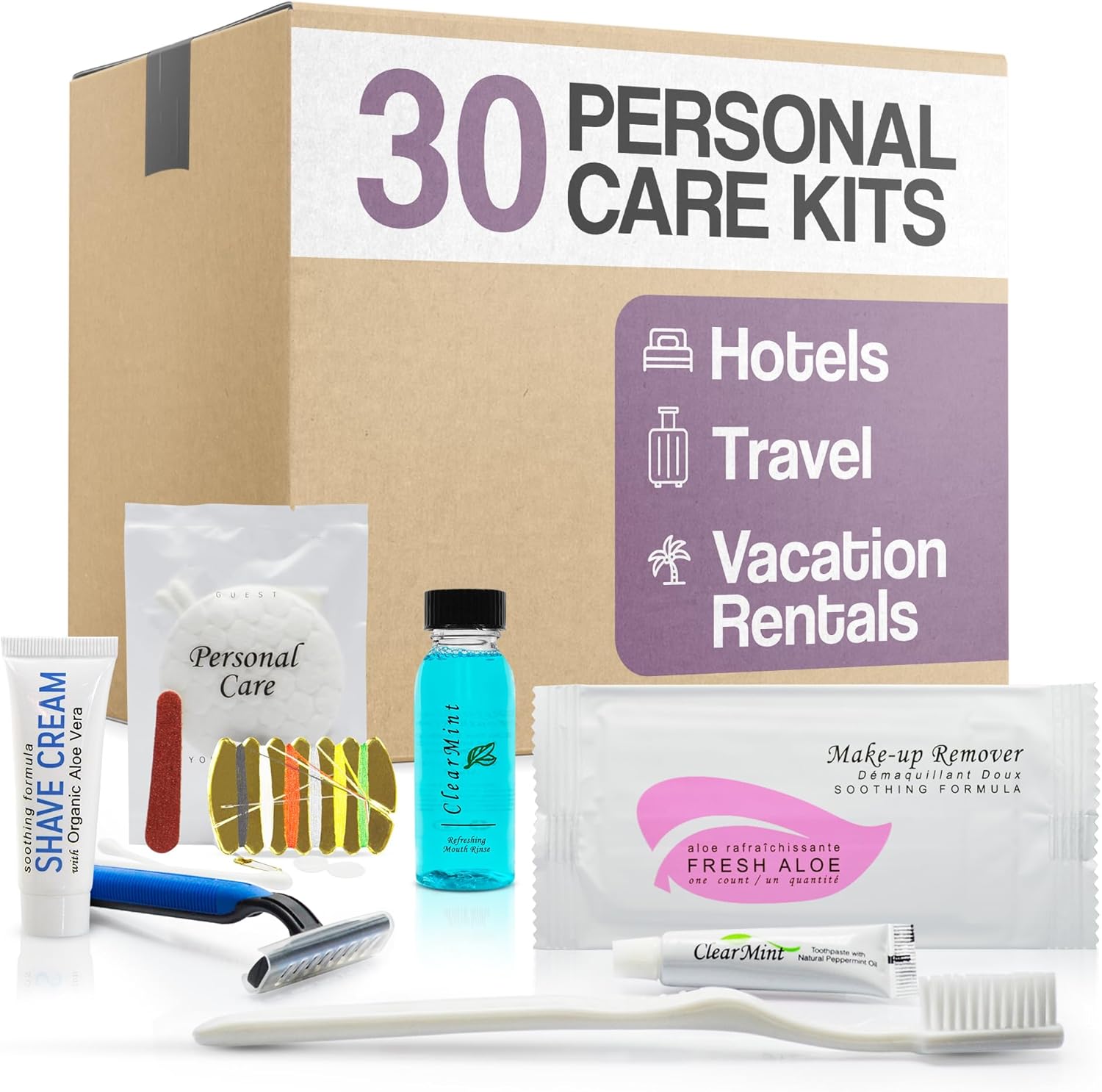 Personal Care Travel Toiletries | 1-Shoppe Amenities Kit | Travel Shaving Set, Toothbrush & Paste, Mouthwash, Makeup Wipes, Swabs, Nail File & Sewing Kit | 150 Pieces