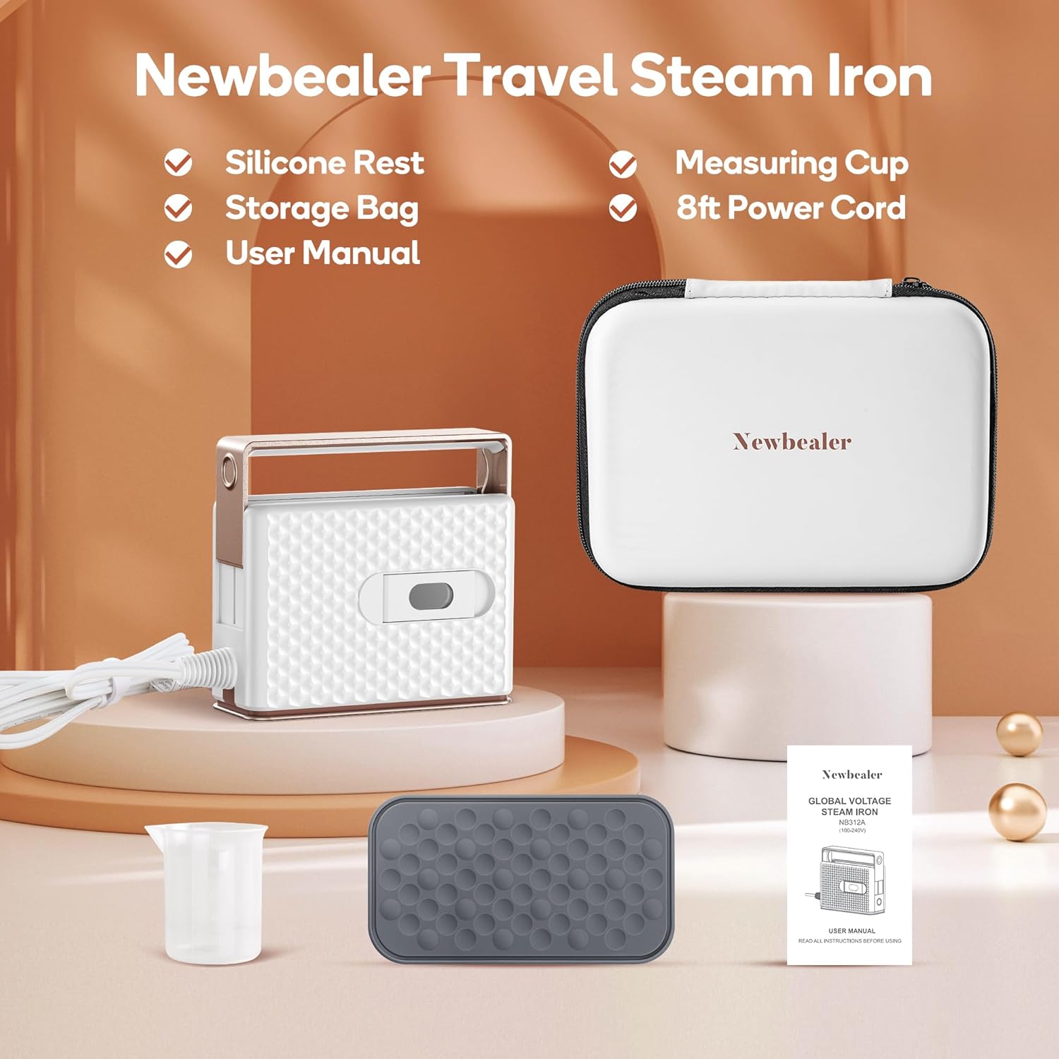 Newbealer Travel Steam Iron for Clothes, Global Voltage 100-240V Handheld Steamer, 293℉ Dry Ironing, Non-Stick Ceramic Soleplate, Horizontal & Vertical Steaming, Auto-off, Silicone Rest & Zipper Bag - Image 9