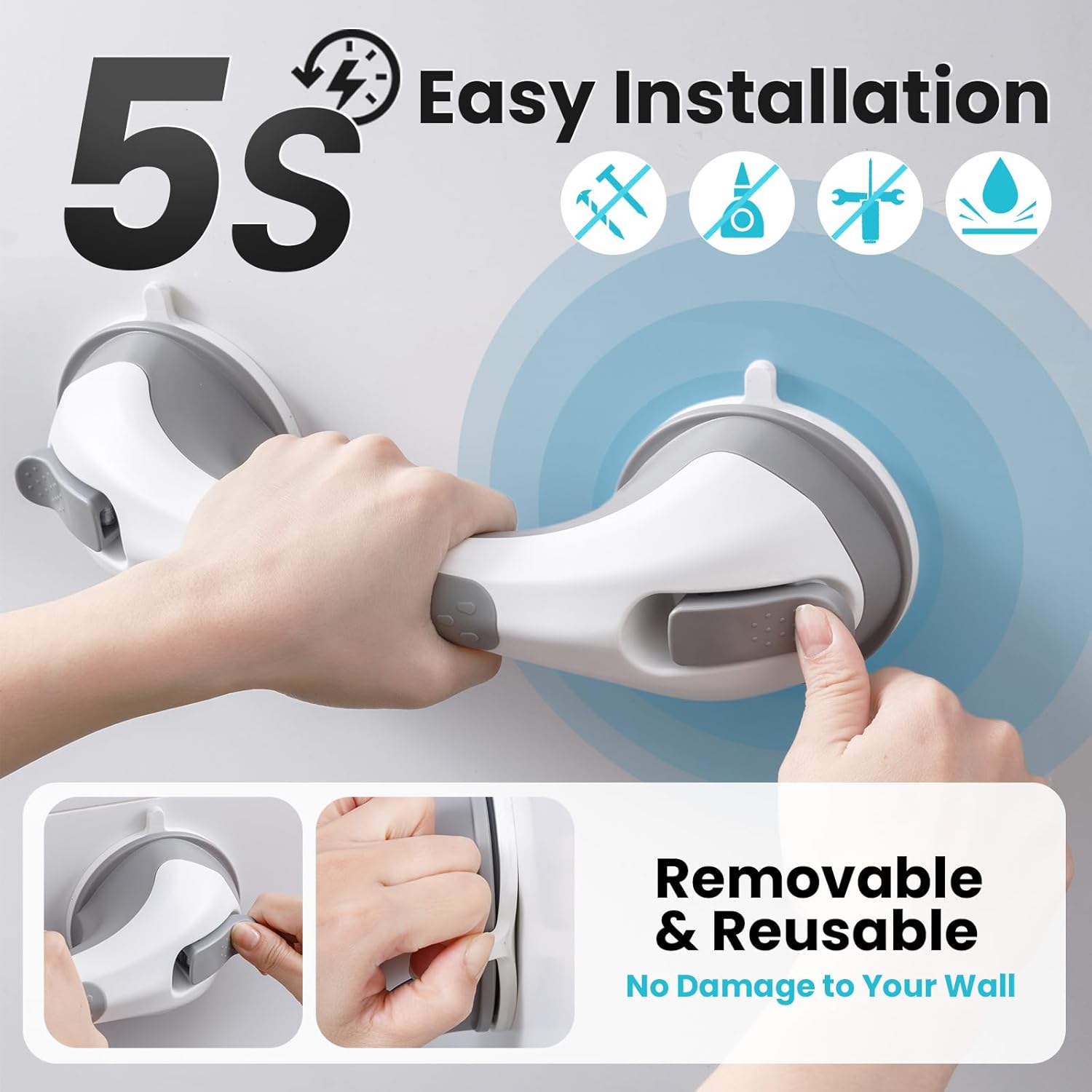 TAILI Shower Grab Bar, 2 Pack 12 Inch Suction Grab Bars for Bathtubs and Showers for Elderly, Shower Handle for Seniors Bathroom Safety Grip, No Drilling Removable,Grey - Image 5