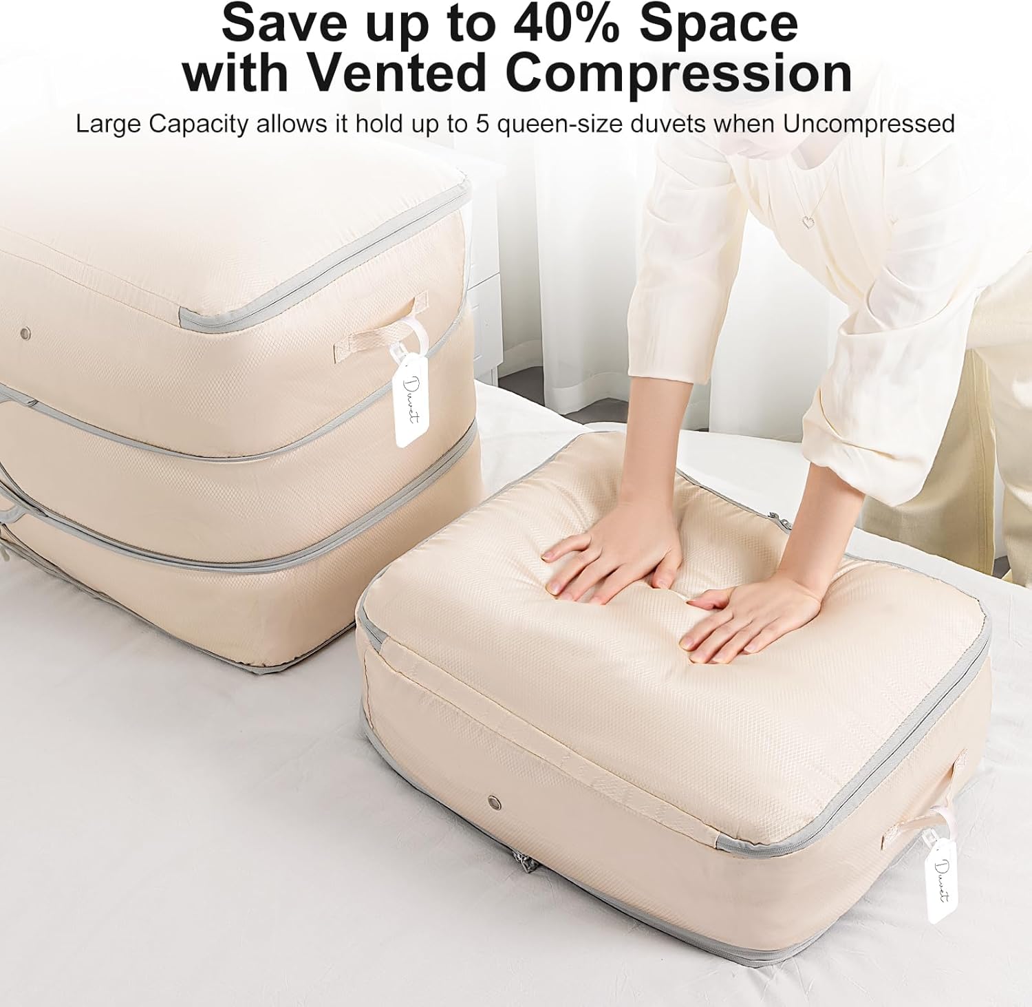 Comforter Storage Bag - Large Capacity Blanket Storage Bags 3-Layer Ultra Space Saving Self Compression Organizer, Washable Compression Bags for Storage Comforter Blanket, 2-Pack, Beige - Image 3