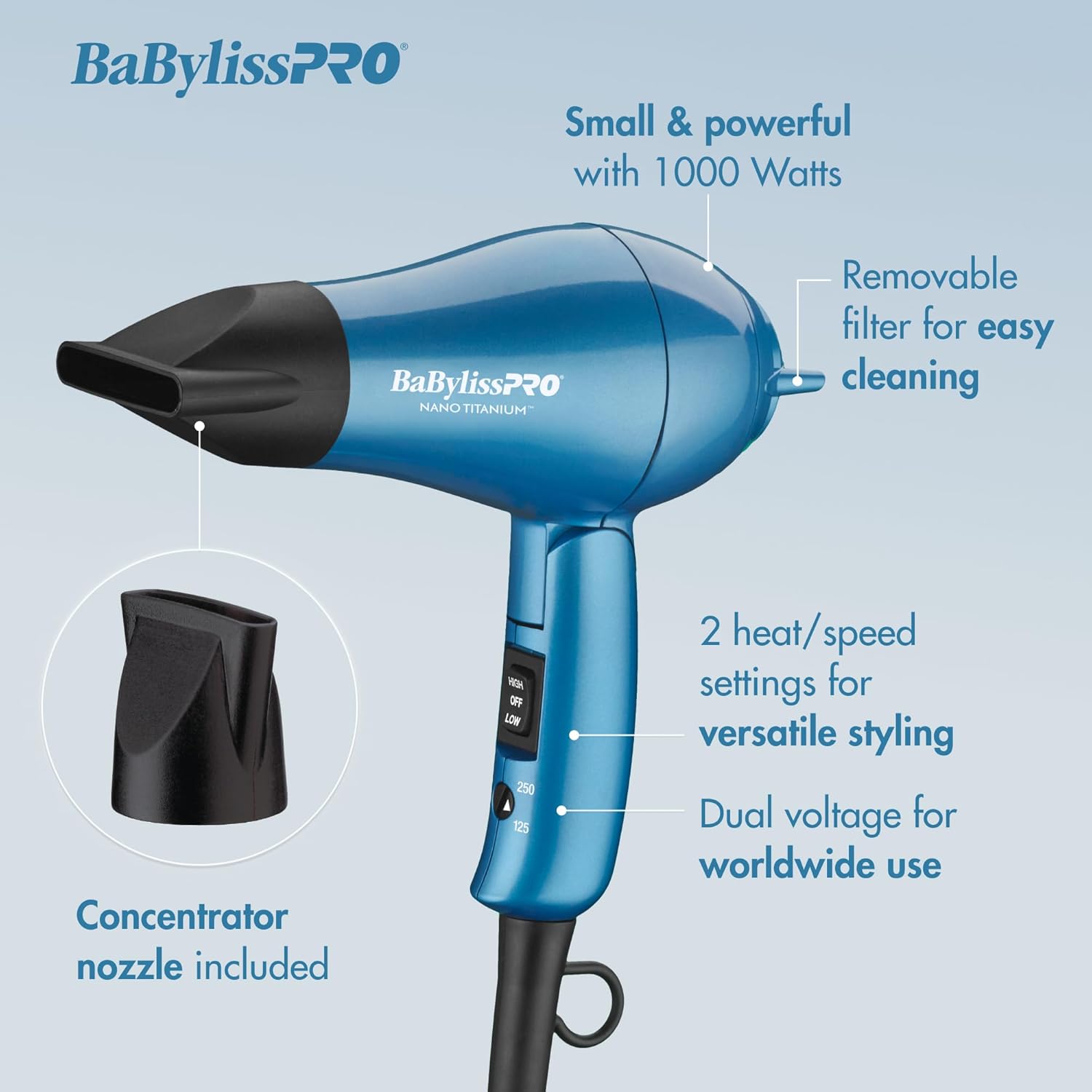 Nano Titanium Travel Hair Dryer, 1000 Watt Professional Blow Dryer with Concentrator Nozzle, Foldable Handle, Dual Voltage - Image 3