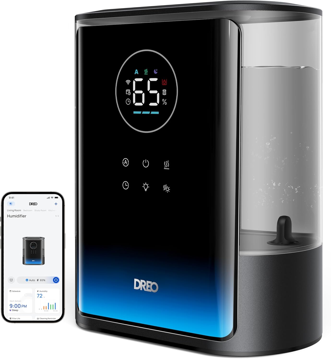 DREO 8L Smart Humidifiers for Bedroom 600ft², 80H Runtime Warm&Cool Supersized Mist Humidifier for Large Room Indoor, Quiet Whole House humidifier for Baby, Plants, with Alexa/Google, Black, HM717S