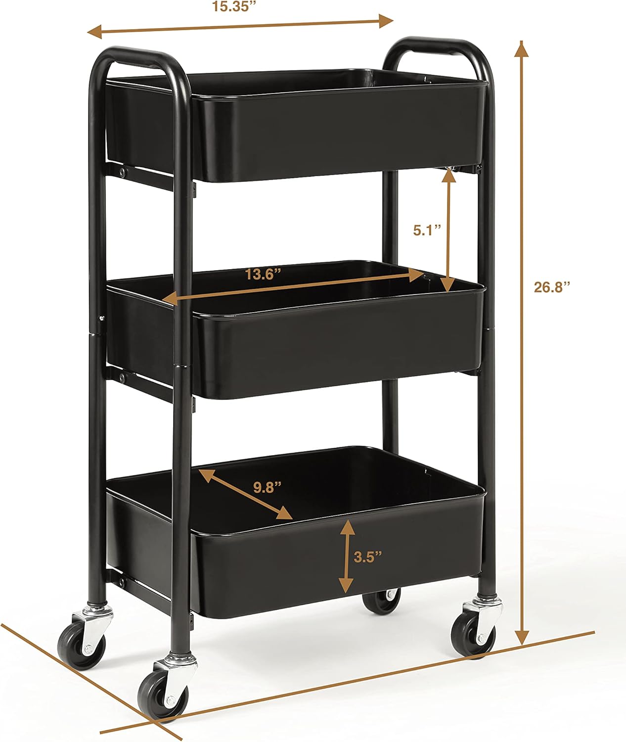 SunnyPoint 3-Tier Delicate Compact Rolling Metal Storage Organizer - Mobile Utility Cart Kitchen/Under Desk Cart with Caster Wheels - BLK (15.35" X 10.24" X 26.8"H) - Image 6
