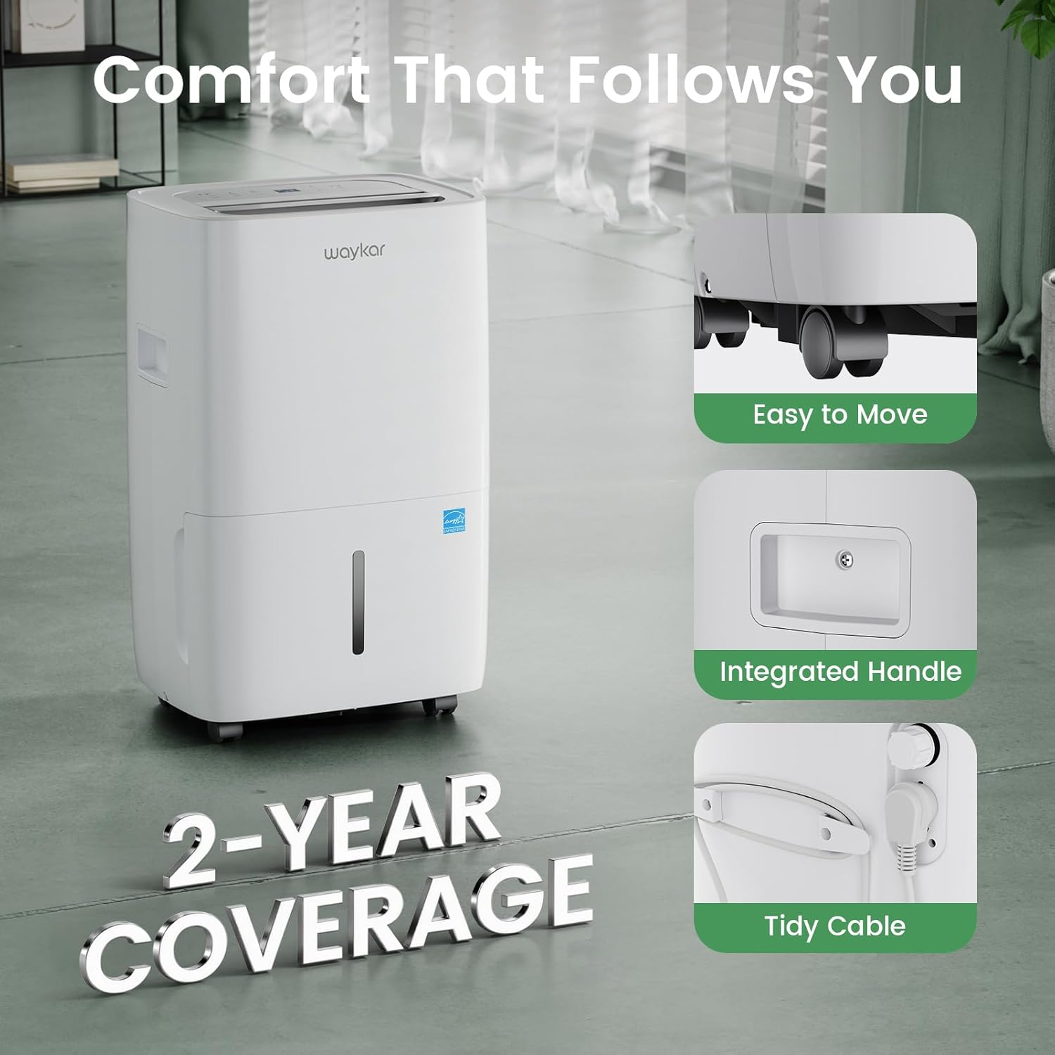 Waykar 120 Pints Energy Star Dehumidifier for Spaces up to 6,000 Sq. Ft at Home, in Basements and Large Rooms with Drain Hose and 1.14 Gallons Water Tank - Image 8