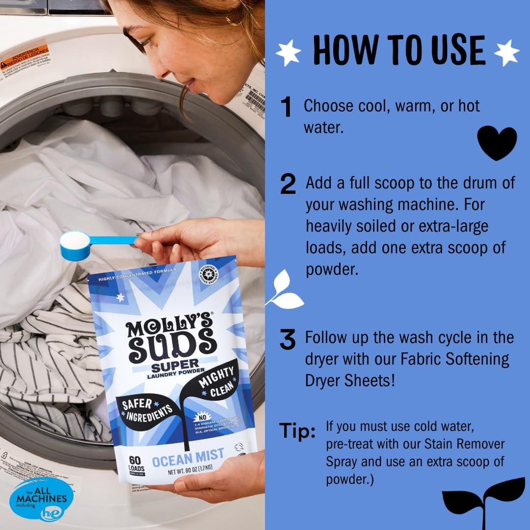 Molly's Suds Super Powder Detergent | Extra Strength Laundry Soap, Stain Fighting | Sensitive Skin | Simple, Effective Ingredients | 60 Loads - Ocean Mist - Image 5