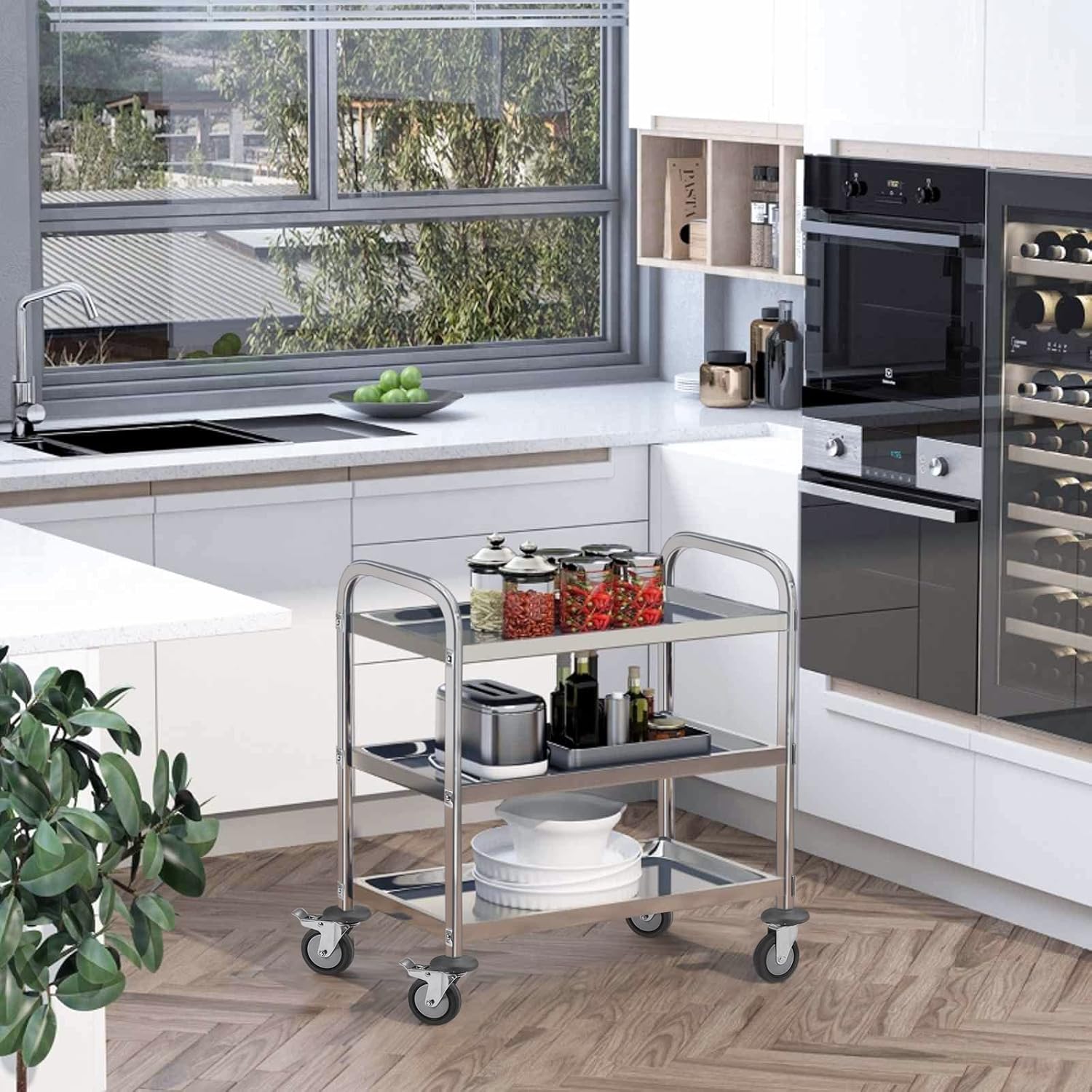 MYOYAY 37.4x19.7x37.4 Inch Stainless Steel Cart Large 3 Tier Kitchen Utility Rolling Cart Service Catering Storage Cart with Locking Wheels Kitchen Cart or Kitchen Hotel Restaurant Cafe Home - Image 3