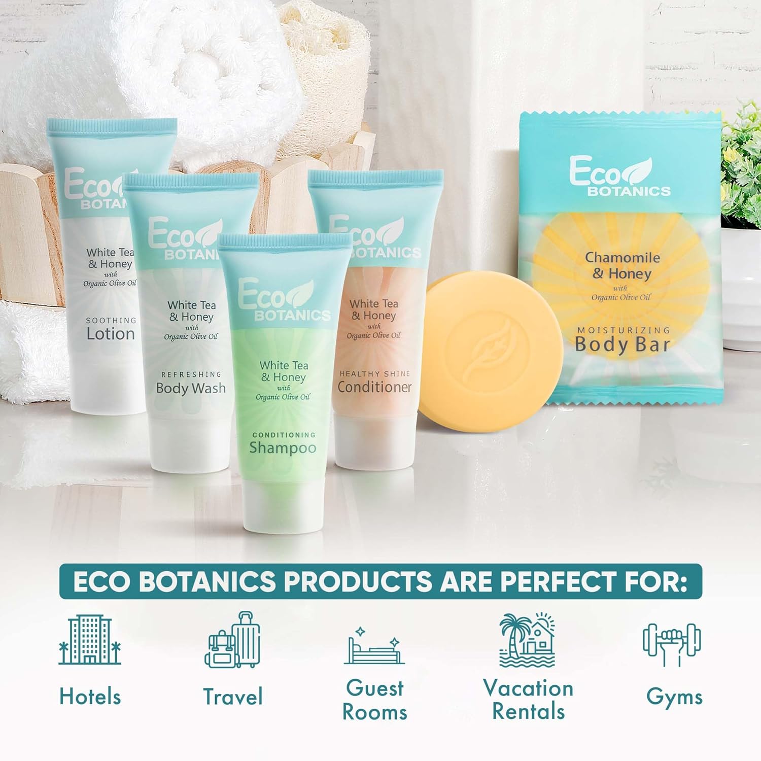 Travel Size Hotel Toiletry Set 300 Count 0.85 oz Bottles Guest Amenities for Vacation Rentals and Short Term Rentals Paraben Free White Tea Scent Infused with Aloe and Olive Oil by Eco Botanics - Image 2