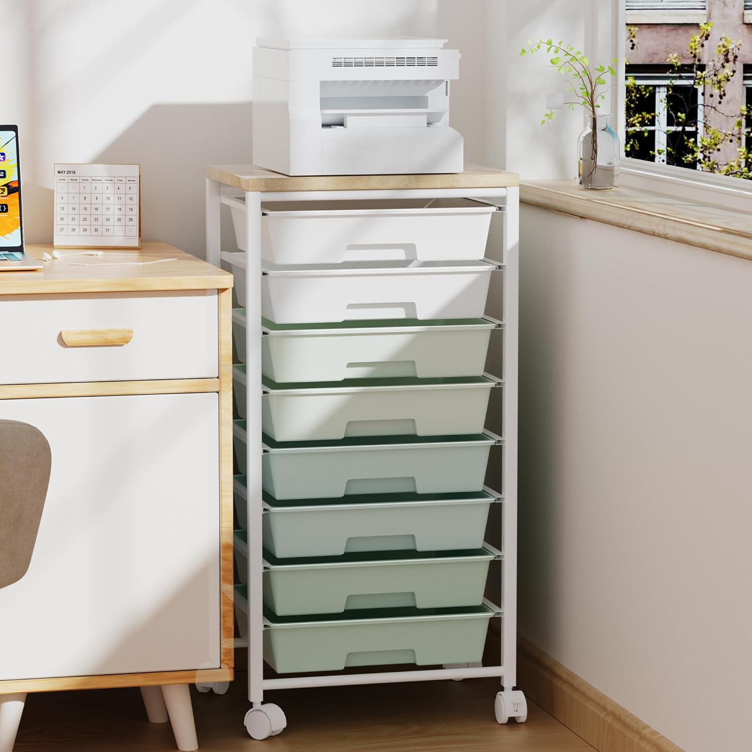 Rolling Cart with 8 Drawers, Storage Drawers Cart with Wooden Tabletop and Lockable Wheels, Craft Storage for Living Room, Office, Classroom, Craft Room, Bedroom - Image 4