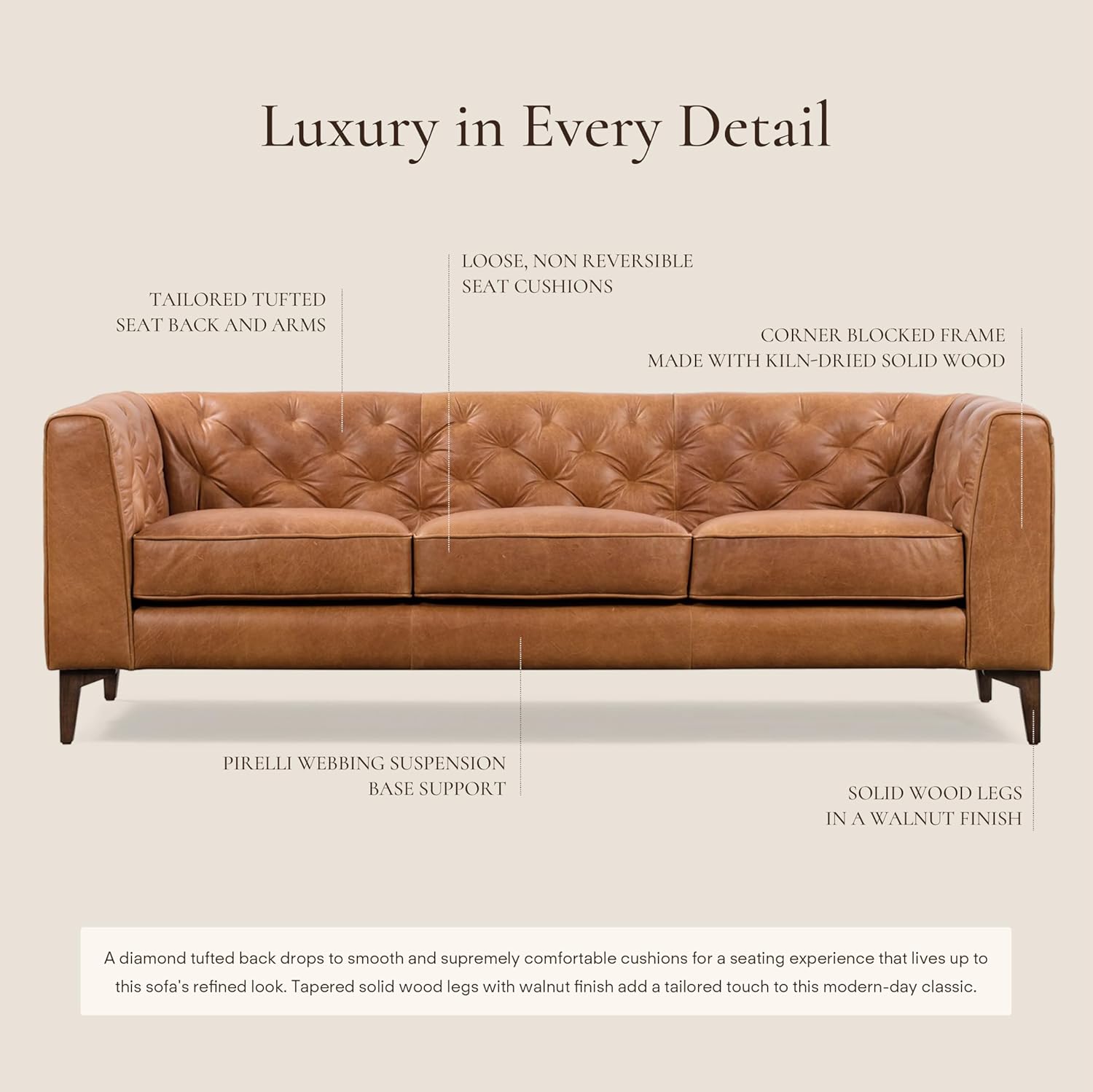 POLY & BARK Essex 89” Full-Grain Italian Leather Sofa – Tufted Back, Feather-Down Comfort, Solid Wood Frame, Cognac Tan - Image 5