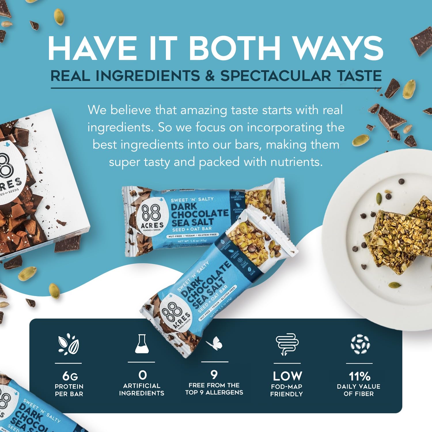 88 Acres Granola Bars, Dark Chocolate Sea Salt, 12 Count, School Safe, Allergen Free Seed & Oat Snack Bar, Gluten & Nut Free, Vegan, Non-GMO & Kosher, Individually Wrapped - Image 3