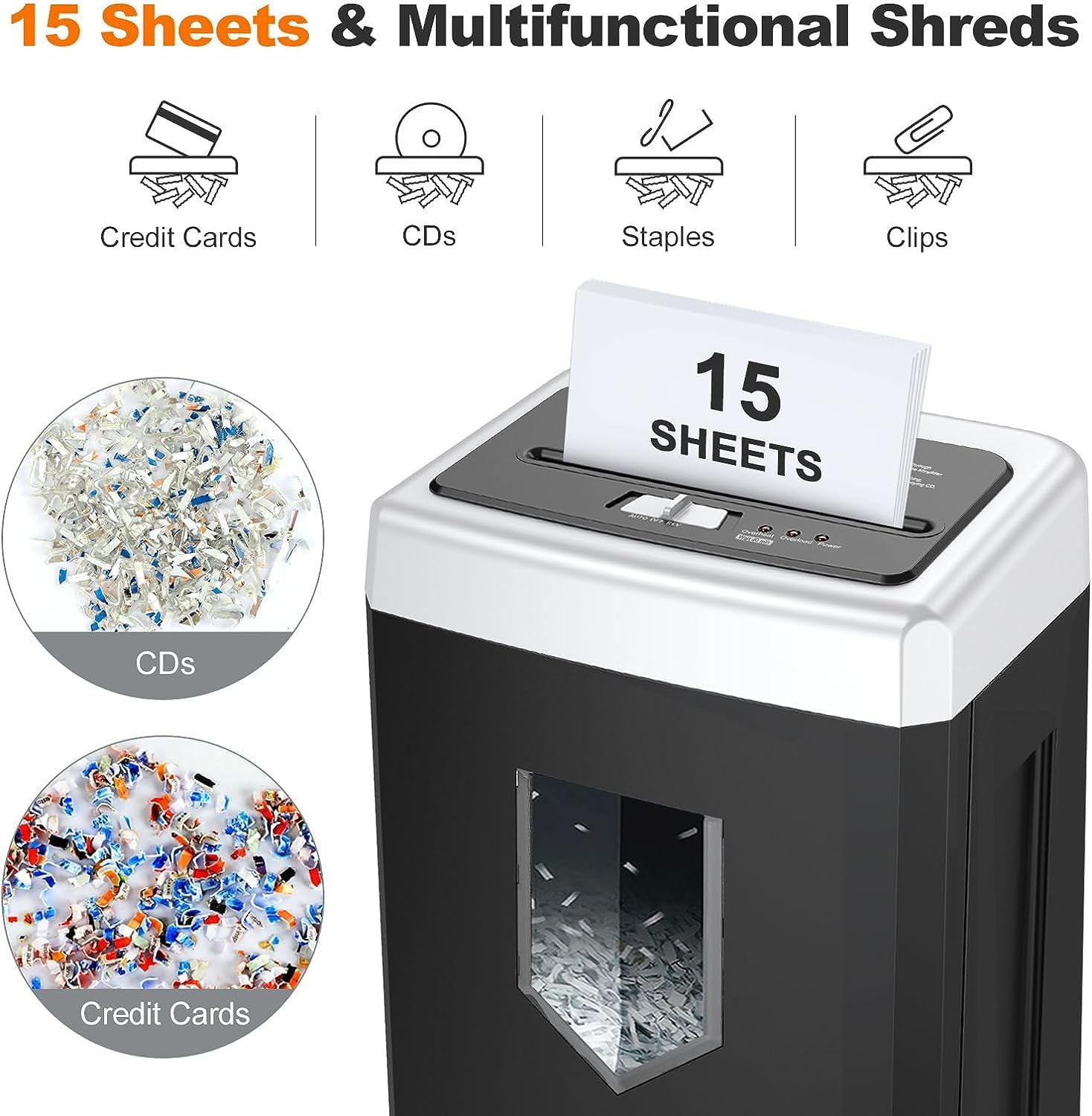 Bonsaii 15-Sheet Office Paper Shredder, 40 Mins Heavy Duty Shredder for Home Office, Crosscut Shreder with Anti-Jam System & P-4 High Security Supports CD/Credit Cards/Staple,5 Gal Pullout Bin C169-B - Image 2