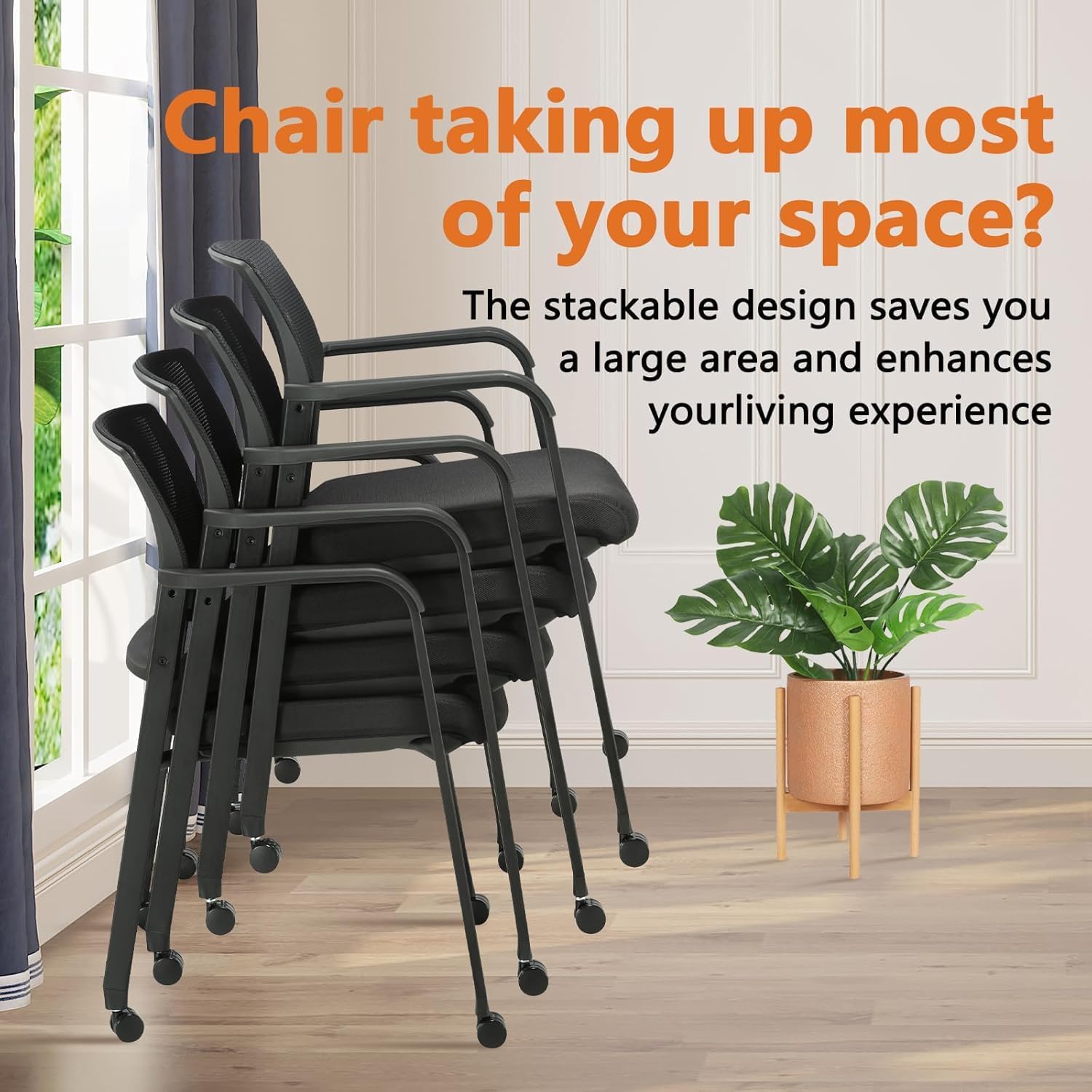 CLATINA Mesh Back Guest Reception Arm Chairs with Wheels, Waiting Room Chairs with Upholstered Fabric Seat and Ergonomic Lumbar Support for Office, 8PK - Image 4