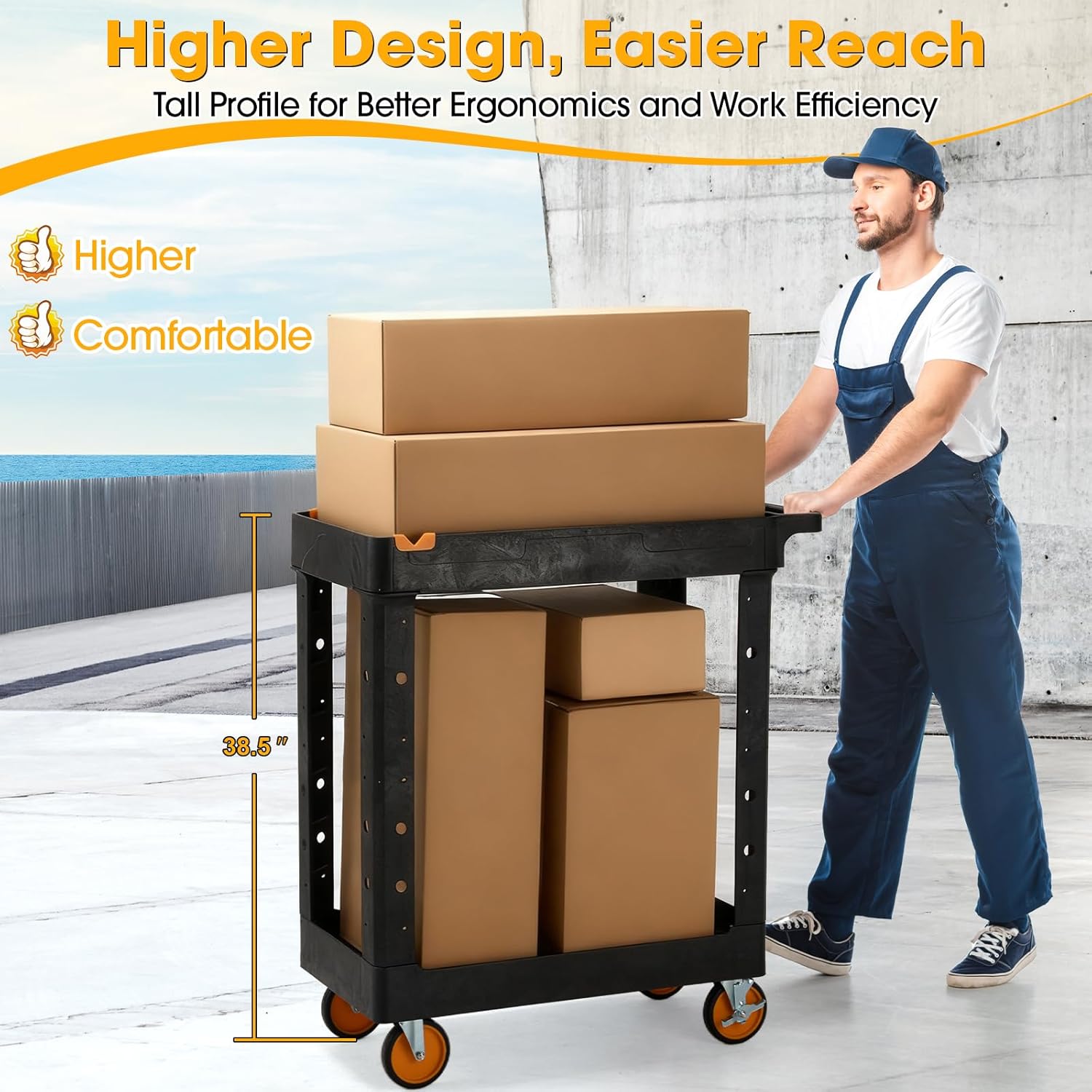 ELAFROS 2-Shelf Heavy Duty Utility Cart – 34.4" L x 16.7" W x 38.5" H Rolling Work Cart with Deep Shelves, 550 lbs Capacity, Industrial Plastic Service Cart for Garage, Warehouse, Shop - Image 5