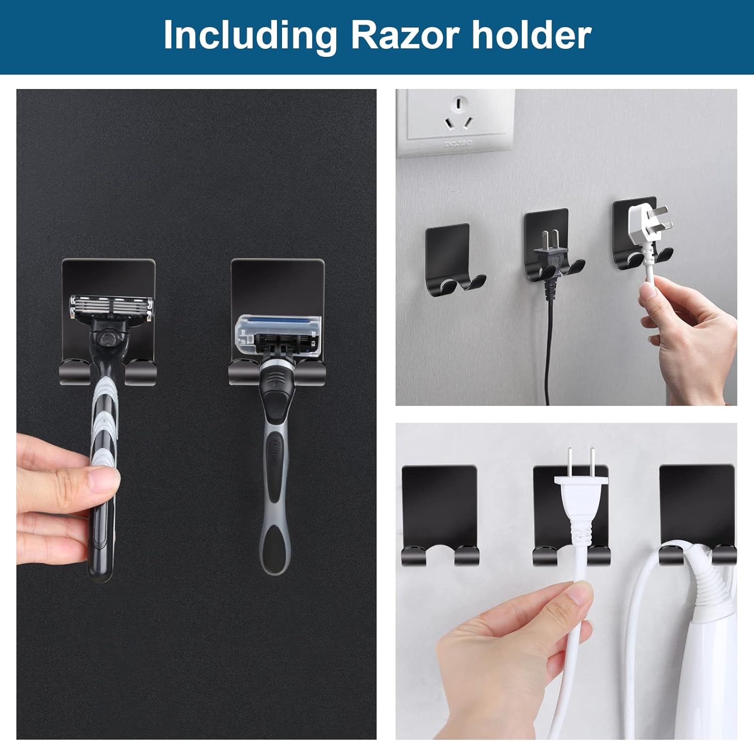 Diesisa Razor Holder 304 Stainless Steel for Shower + Adhesive Sticky Heavy Duty Waterproof Wall Hooks, Premium for Hanging Towels, Coat, hat (2+2 Pack) - Black - Image 2