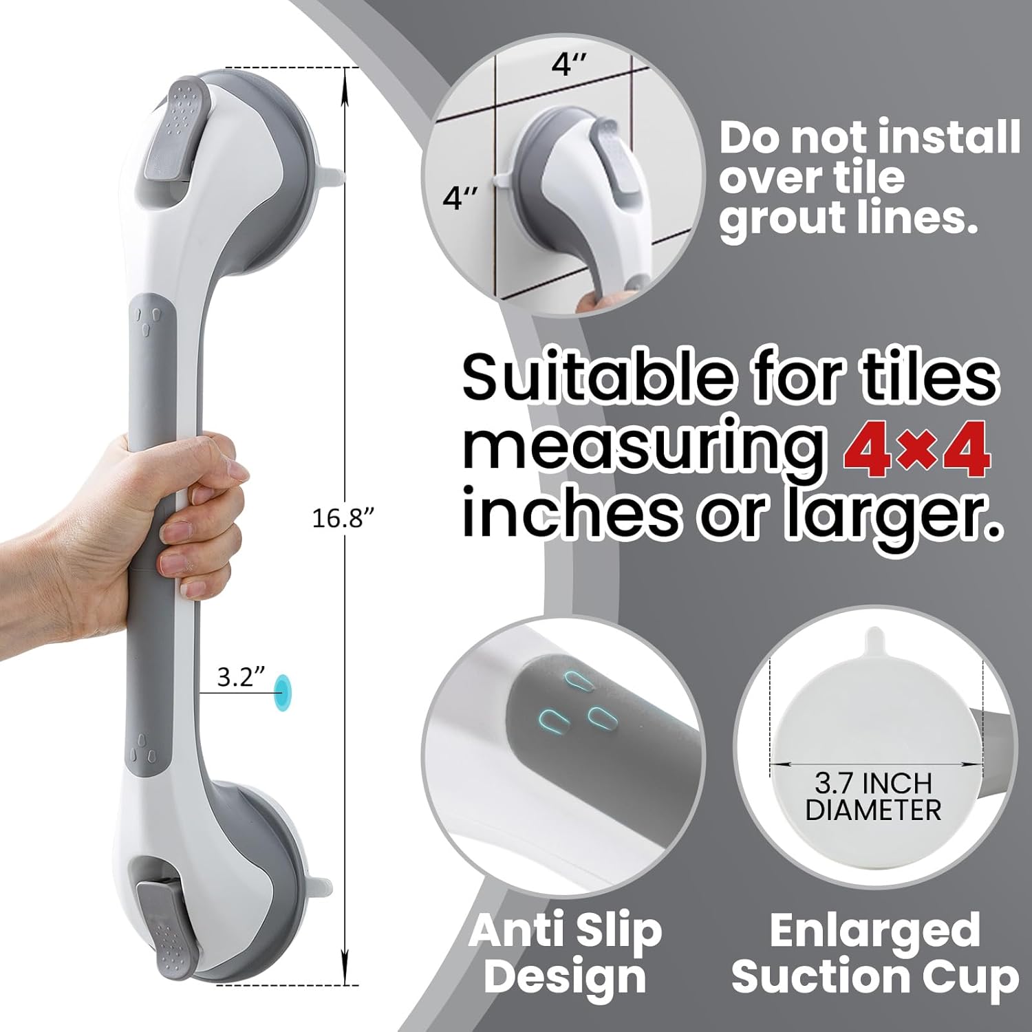 TAILI Grab Bars for Bathtubs and Showers 2 Pack Suction Grab Bar, Heavy Duty Shower Handle Removable Bath Handrails for Seniors and Elderly, Bathroom Safety Grip No Drilling Waterproof,Grey - Image 3