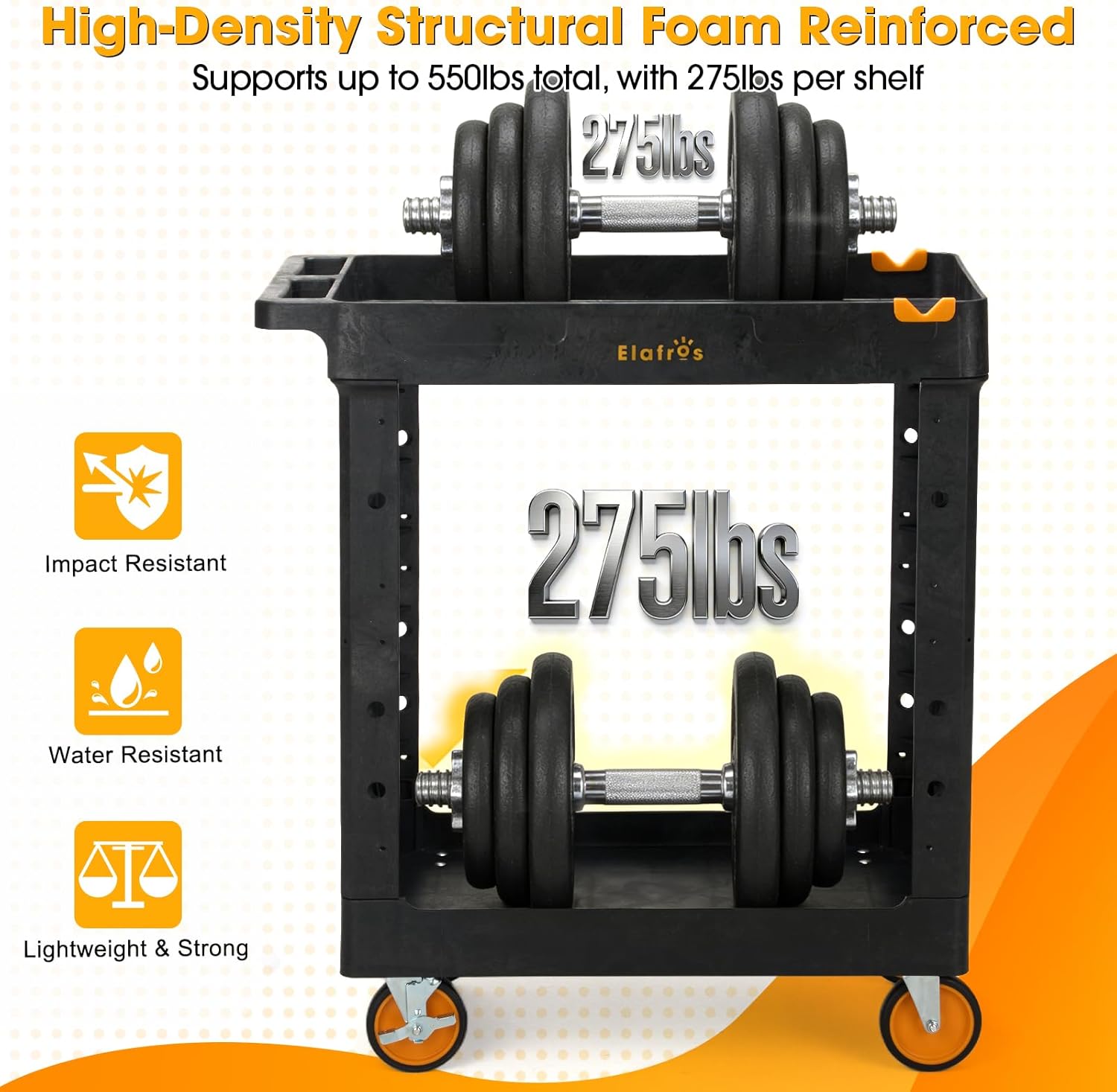 ELAFROS 2-Shelf Heavy Duty Utility Cart – 34.4" L x 16.7" W x 38.5" H Rolling Work Cart with Deep Shelves, 550 lbs Capacity, Industrial Plastic Service Cart for Garage, Warehouse, Shop - Image 6