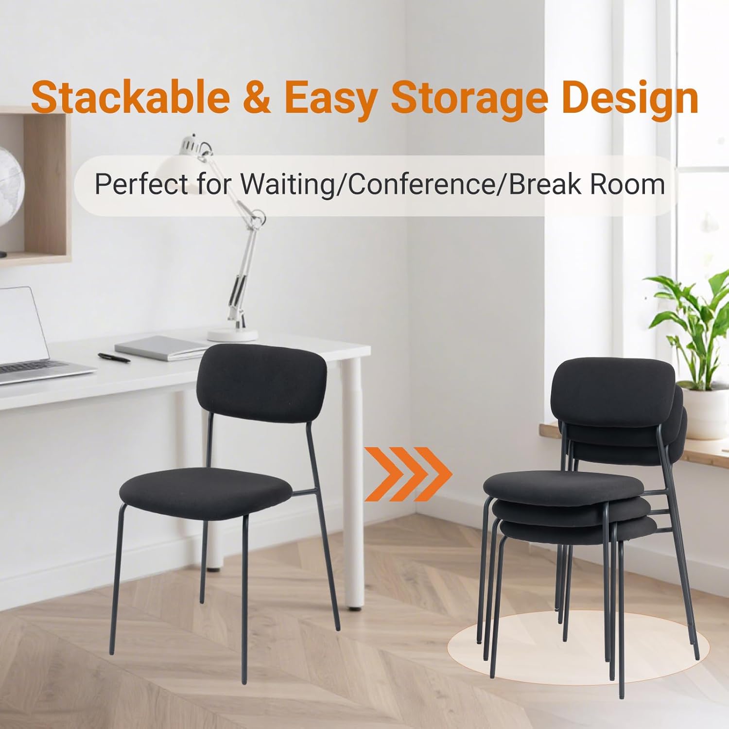 Sidanli Stackable Waiting Room Chairs, Armless Upholstered Guest Chairs Set of 4 with Comfotable Cushion for Conference Reception Break Room Lobby, Black - Image 7