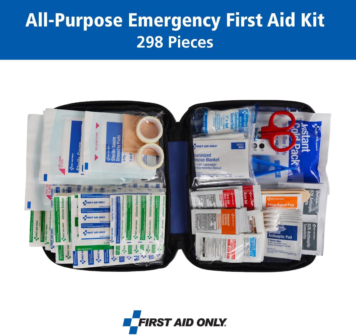 First Aid Only 298 Piece All-Purpose Emergency First Aid Kit for Home, Office, Car, Apartment, Dorm, and Camping, Travel-Friendly Compact Pouch Fits in Backpacks, Suitcases, Cabinets, and Drawers - Image 2
