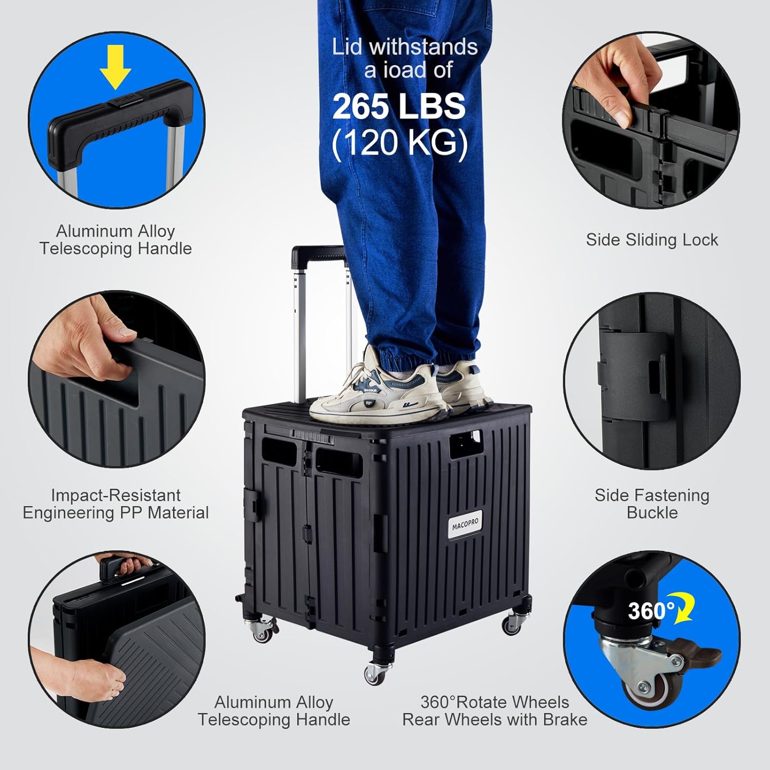 Folding Utility Cart Portable Rolling Crate Handcart Shopping Trolley Collapsible Tool Box, with Lid, Basket on 4 Rotate Wheels, for Grocery, Office, Luggage, Teacher (Black) - Image 3