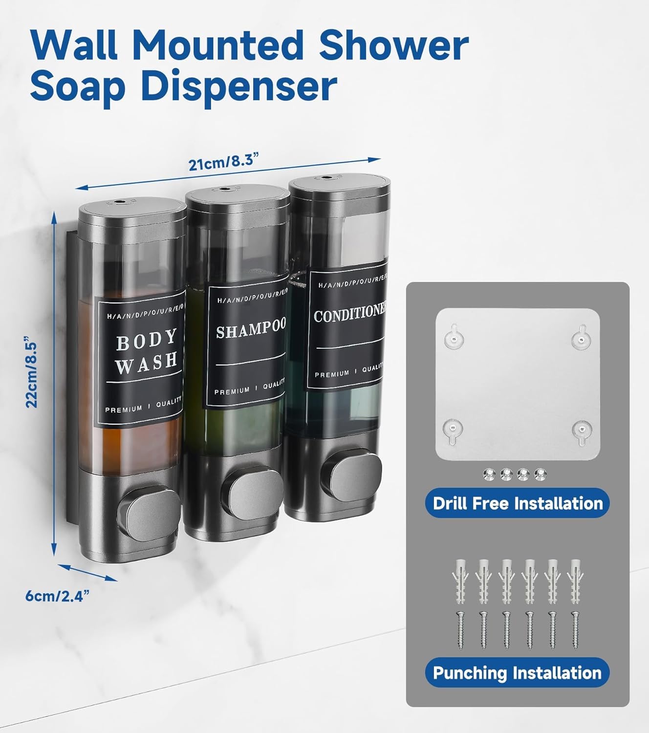 Shower Soap Dispenser Wall Mounted No Drill Shampoo Dispenser for Shower Wall Shampoo and Conditioner Dispenser Bathroom Hotel 3 * 300ml Gungray with Labels - Image 6