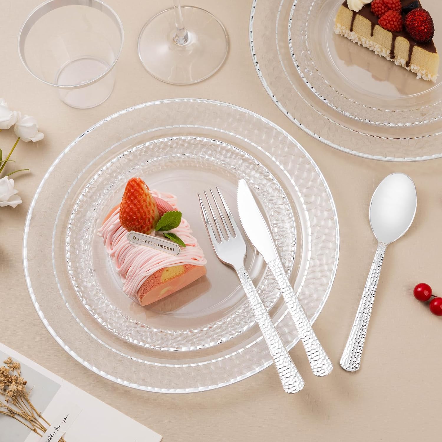 350PCS Clear Plastic Plates with Silver Trim for 50 Guests, Disposable Dinnerware Set for Party & Wedding, Includes 100 Plastic Plates, 50 Pre Rolled Napkins with Silver Silverware, 50 Cups - Image 5