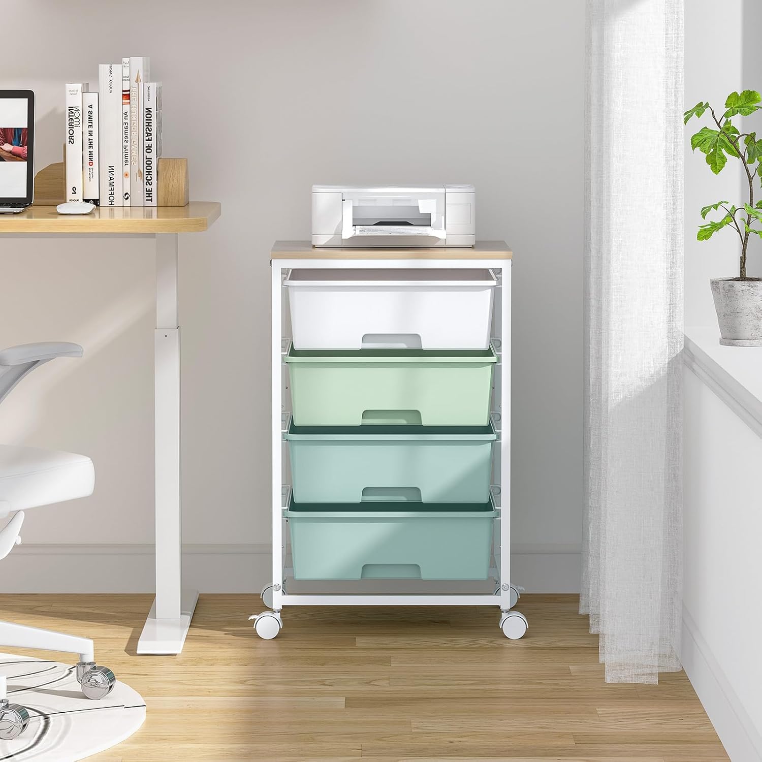 Utility Cart with 4 Drawers,Rolling Storage Cart with Drawers,Storage Rolling Drawer Cart with Wooden Tabletop for Bedroom,Kid's Room,Dorm,Classroom,Office,Green - Image 9