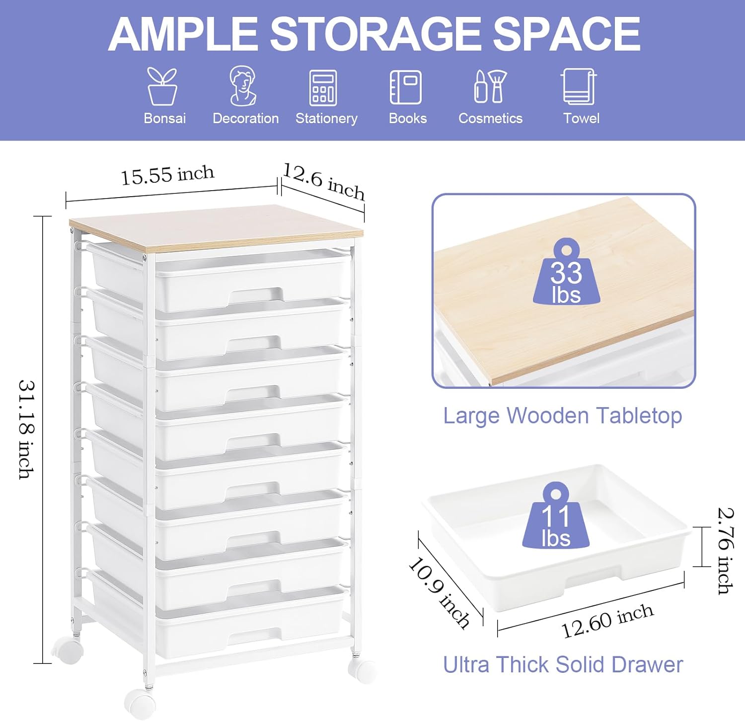Rolling Storage Cart with Drawers,Utility Cart With 8 Drawers and Wooden Tabletop,Rolling Drawer Cart,Storage Drawer Cart for Living Room,Classroom,Bedroom,Bathroom,Dorm,Office,White - Image 5