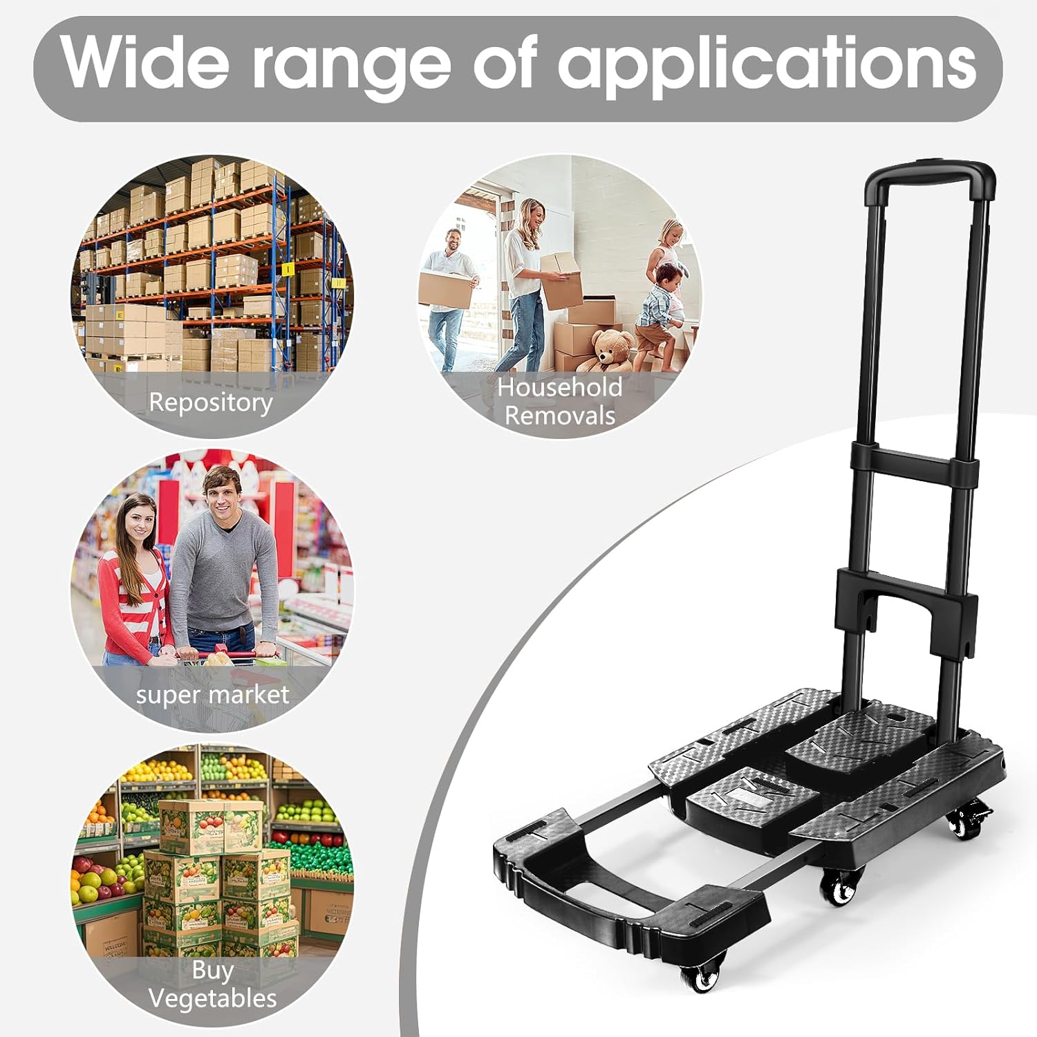 Folding Hand Truck 500lbs, Portable Heavy Duty Dolly Cart, 6 Wheels Collapsible Luggage Cart with 2 Elastic Ropes - Compact Trolley Cart for Easy Moving - Ideal Hand Cart for Travel and More - Image 4