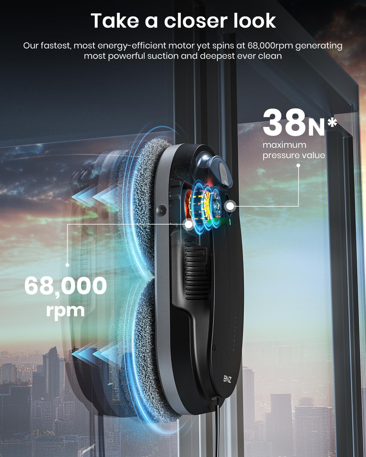 BNZ Smart Window Cleaning Robot, Twin Turbo & Dual Auto-Spray Window Cleaner with Multiple Safety System, AI Path Planning, Frameless Edge Detection, K1 (Matt Black) - Image 5