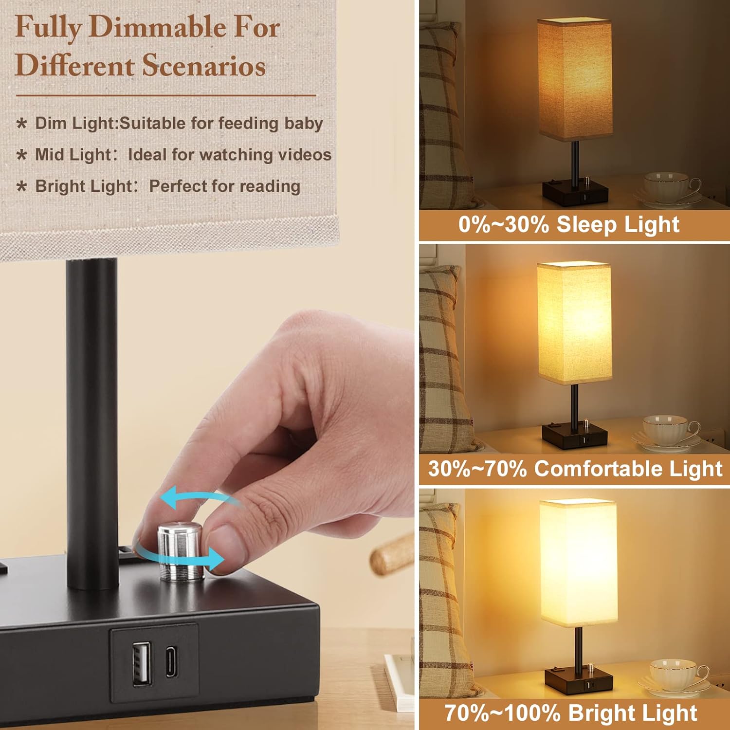 aooshine Fully Dimmable Nightstand Lamps Set of 2 - Table Bedside Lamp with USB C+A Charging Ports & 2 AC Outlets, Square Lamp Sets Linen Fabric Shade for Bedroom Living Room(Bulb Included) - Image 2