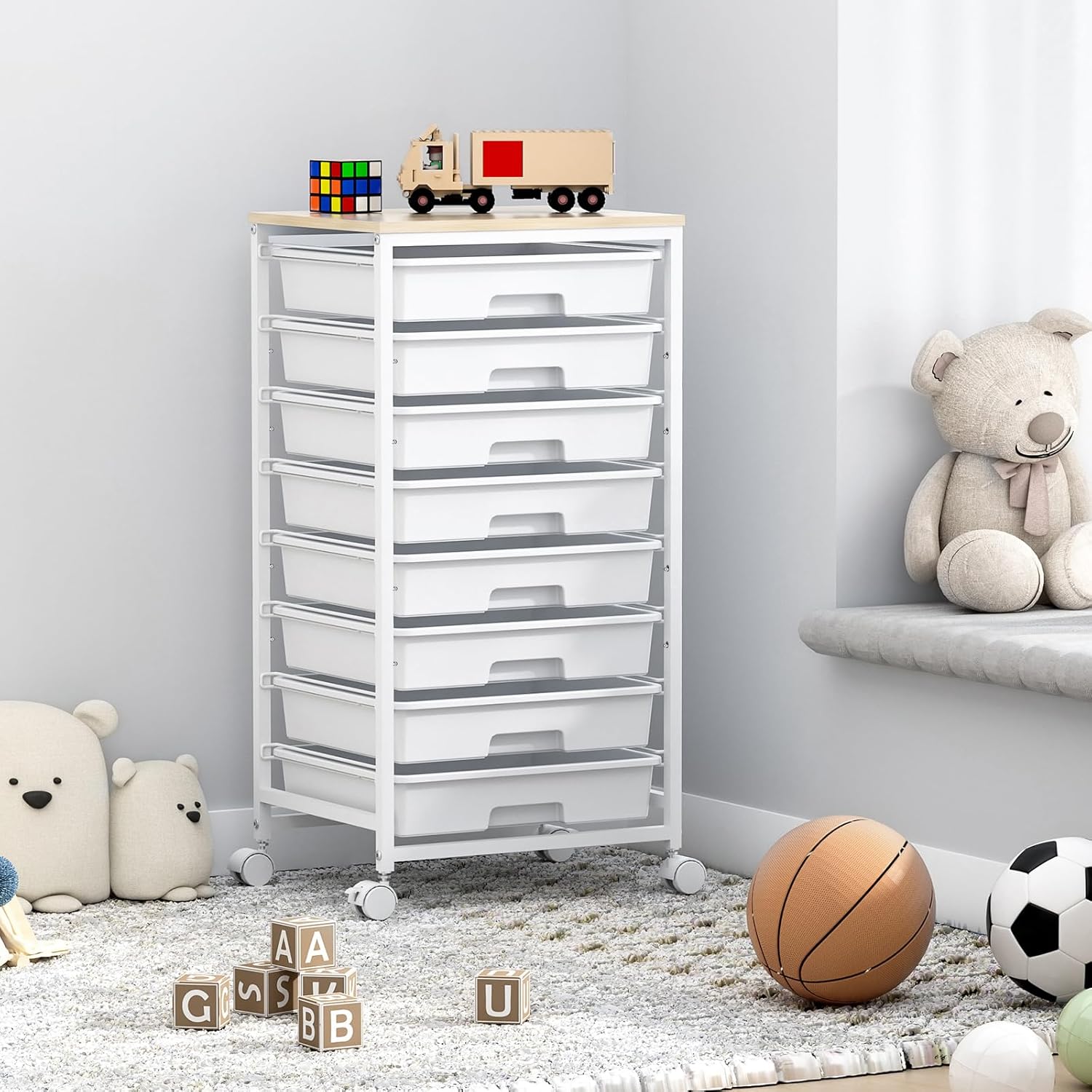 Rolling Storage Cart with Drawers,Utility Cart With 8 Drawers and Wooden Tabletop,Rolling Drawer Cart,Storage Drawer Cart for Living Room,Classroom,Bedroom,Bathroom,Dorm,Office,White - Image 9