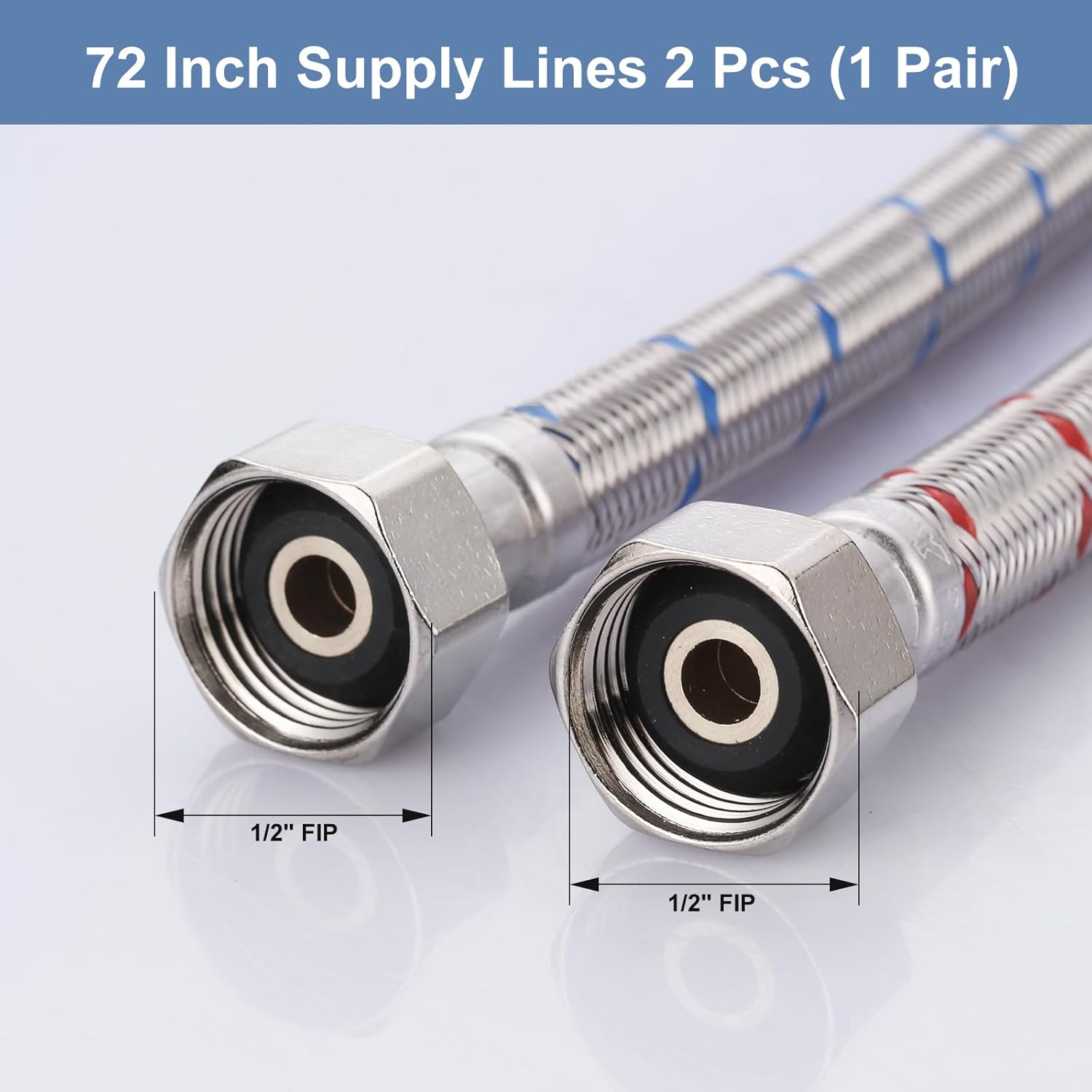 72 Inch Length Faucet Hose 1/2” to 1/2”, ARCORA Braided Stainless Steel cUPC Supply Lines 1/2 Inch FIP x 1/2 Inch FIP Sink Hose Attachment for Faucet 1 Pair - Image 3