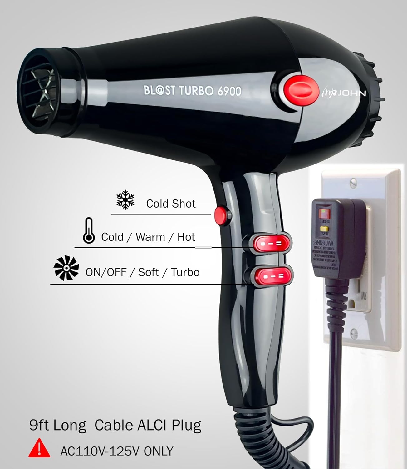JOHN Super Fast Drying Hair Dryer, Ionic 2200W Professional Salon Blow Dryer, 2 Concentrator Nozzles, Blast Turbo 6900, Black - Image 5
