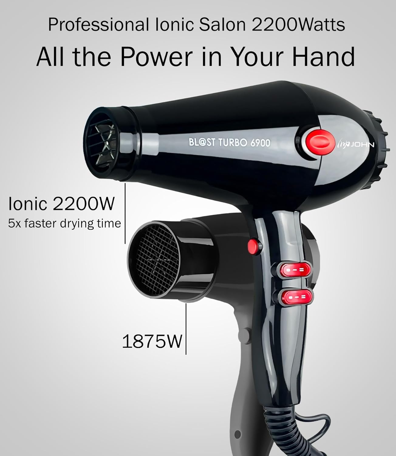 JOHN Super Fast Drying Hair Dryer, Ionic 2200W Professional Salon Blow Dryer, 2 Concentrator Nozzles, Blast Turbo 6900, Black - Image 2