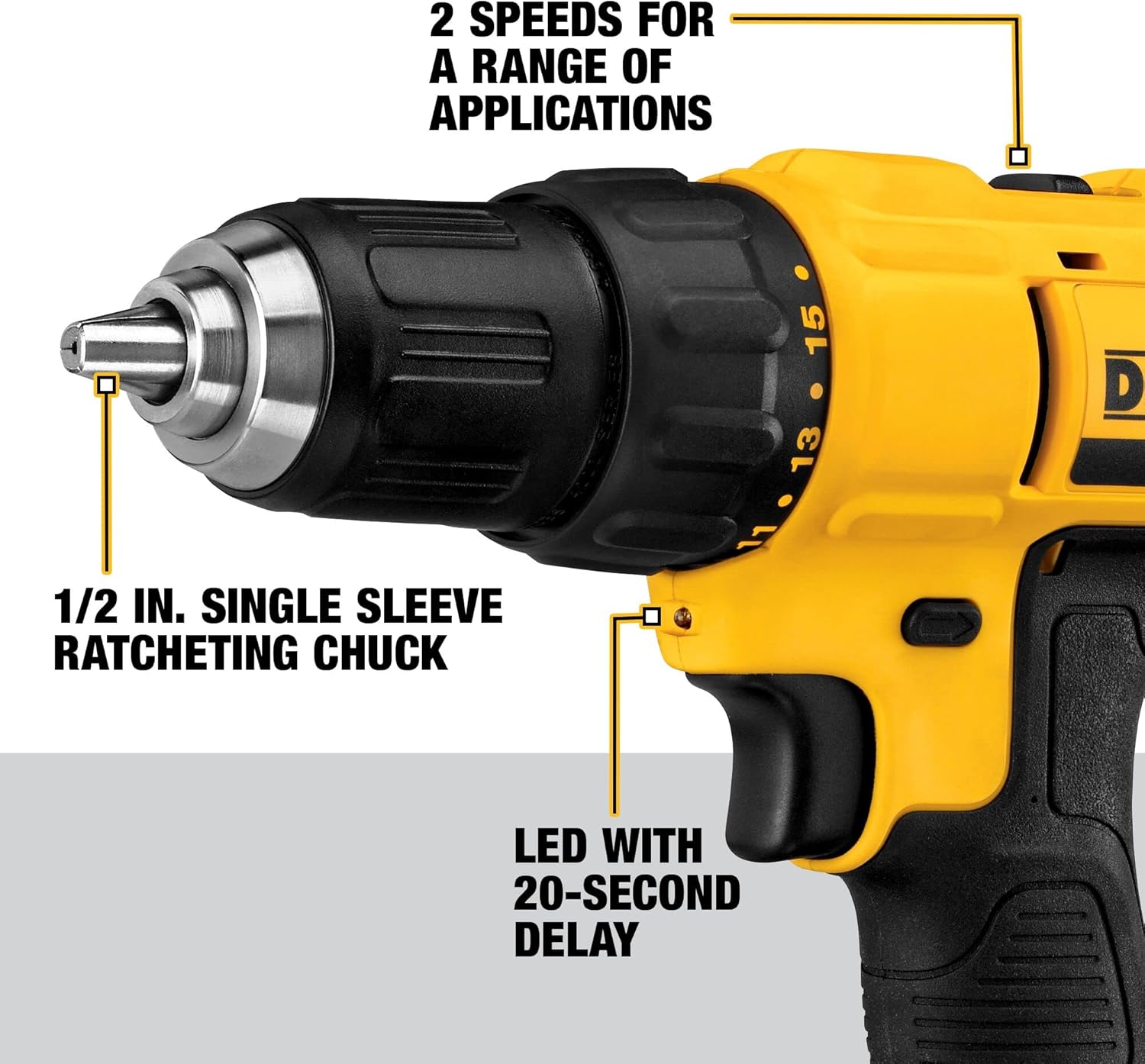 DEWALT 20V Max Cordless Drill Driver Set, 2 Speed, High Performance Motor, Includes 2 XR 1.3Ah Li-Ion Batteries, Charger and Contractor Bag (DCD771C2) - Image 3