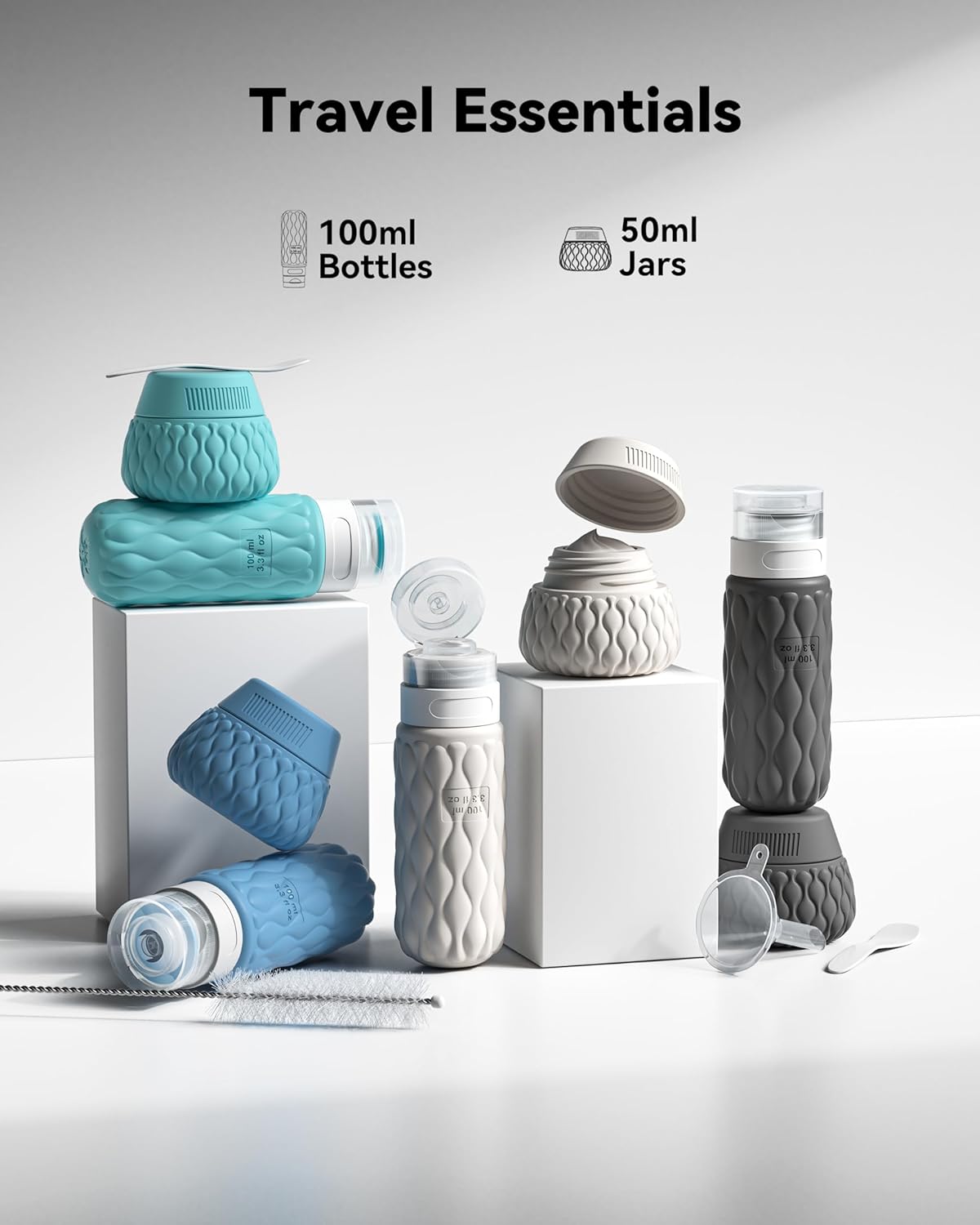 Silicone Travel Bottles for Toiletries 8 Pack Travel Size Toiletries 3.4 oz 1.7 oz, Leakproof Squeeze Travel Size Containers Refillable Cosmetic Jars Set for Shampoo, Conditioner, Creams - Image 2